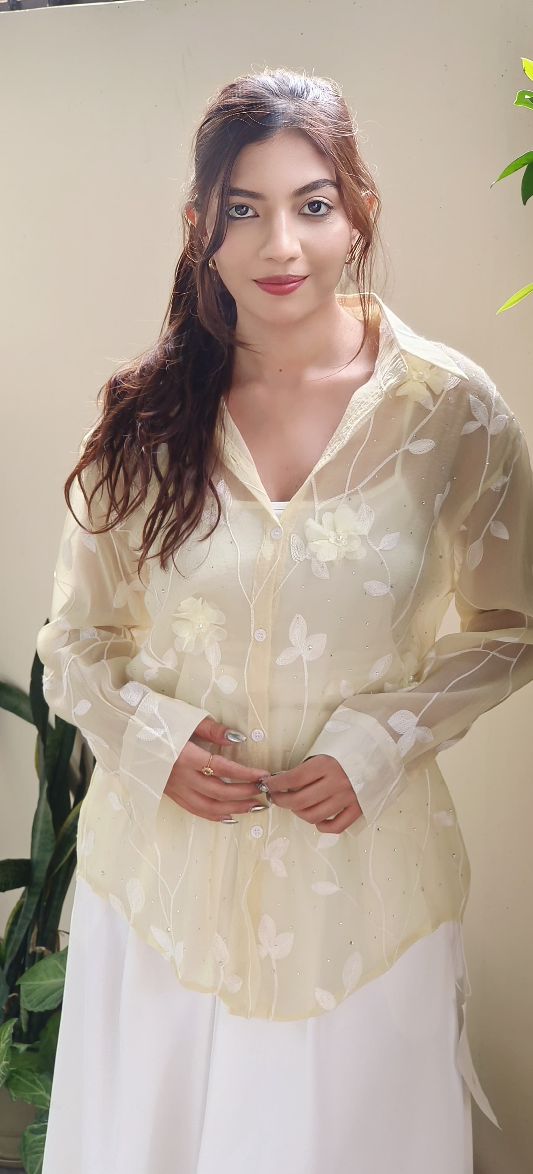 Shimmery Transparent Floral Full Length Collar Shirt