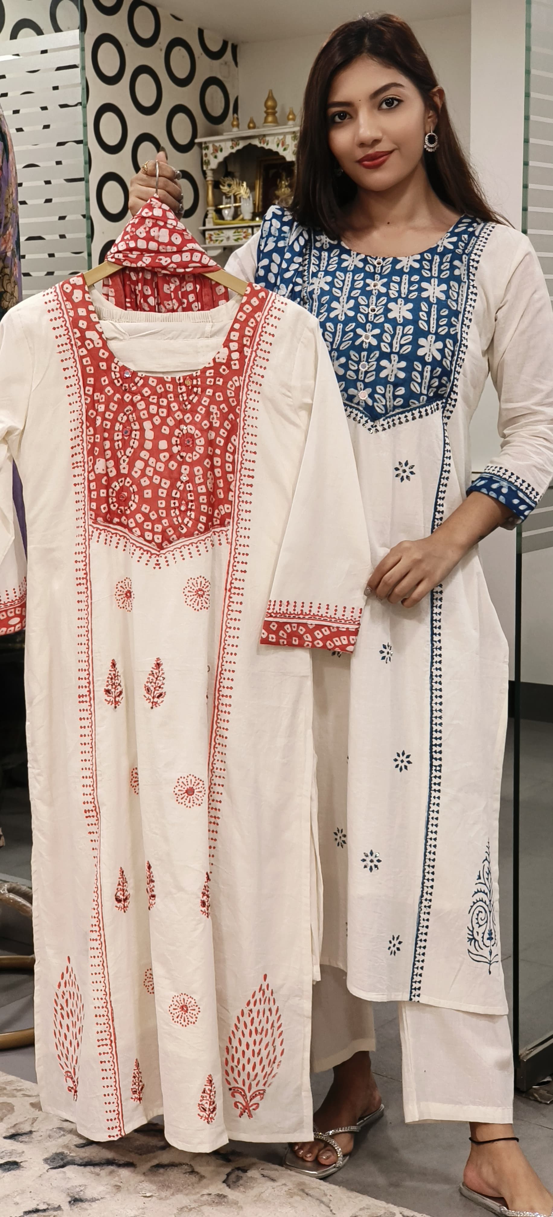 Cotton A-Line Kurta With Pant And cotton Chanderi Dupatta Set- 09715, 09716