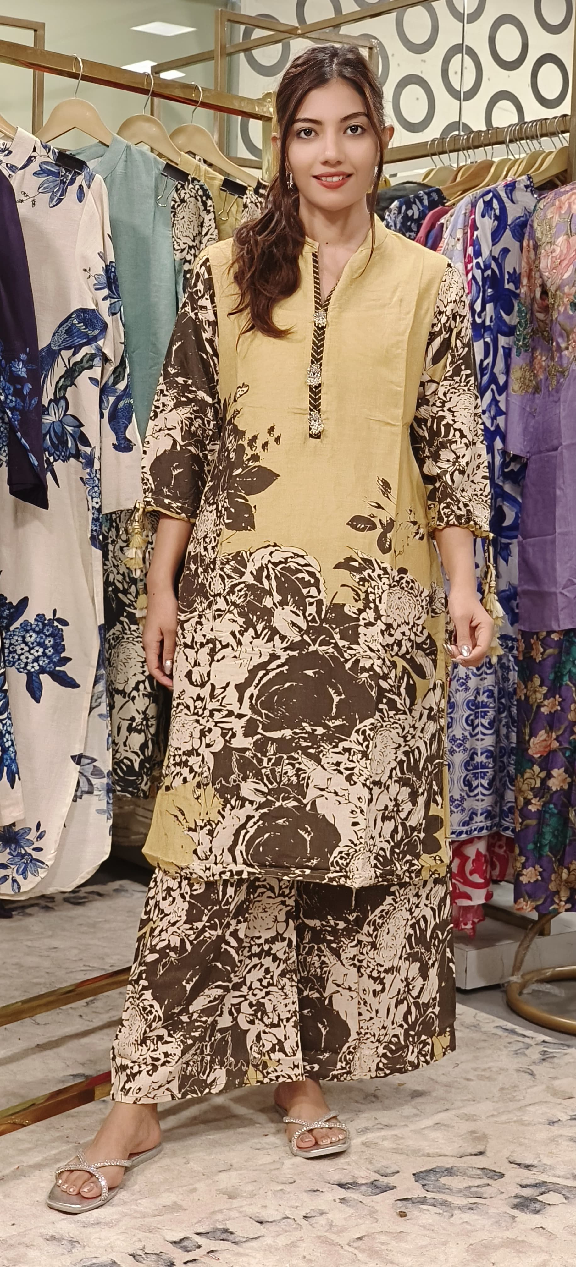 Linen Floral Printed Kurta Pant Set In Linen Cotton Fabric- 09722, 09723