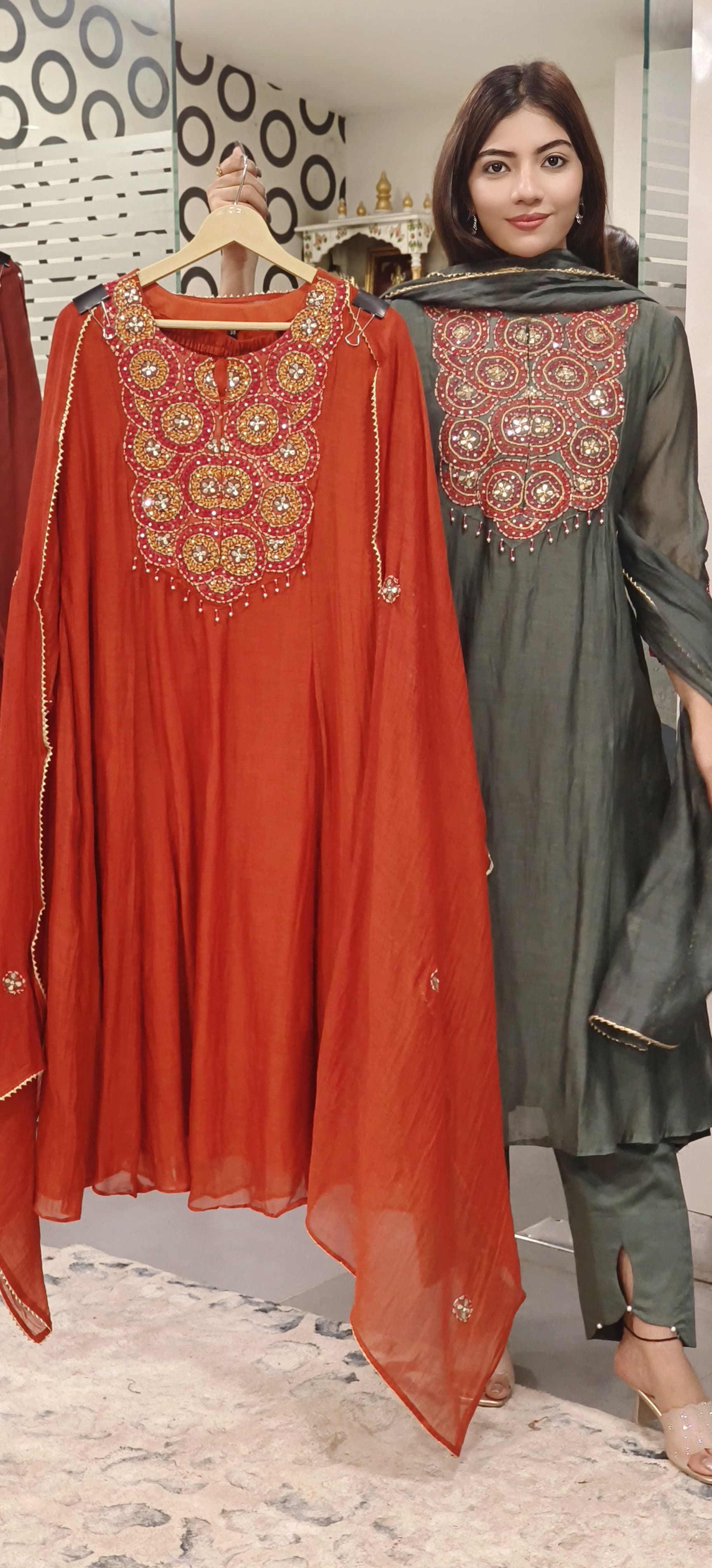 Mul Chanderi Multicolored Thread Embroidered Party Aline Kurta with Bottom and Dupatta 09631