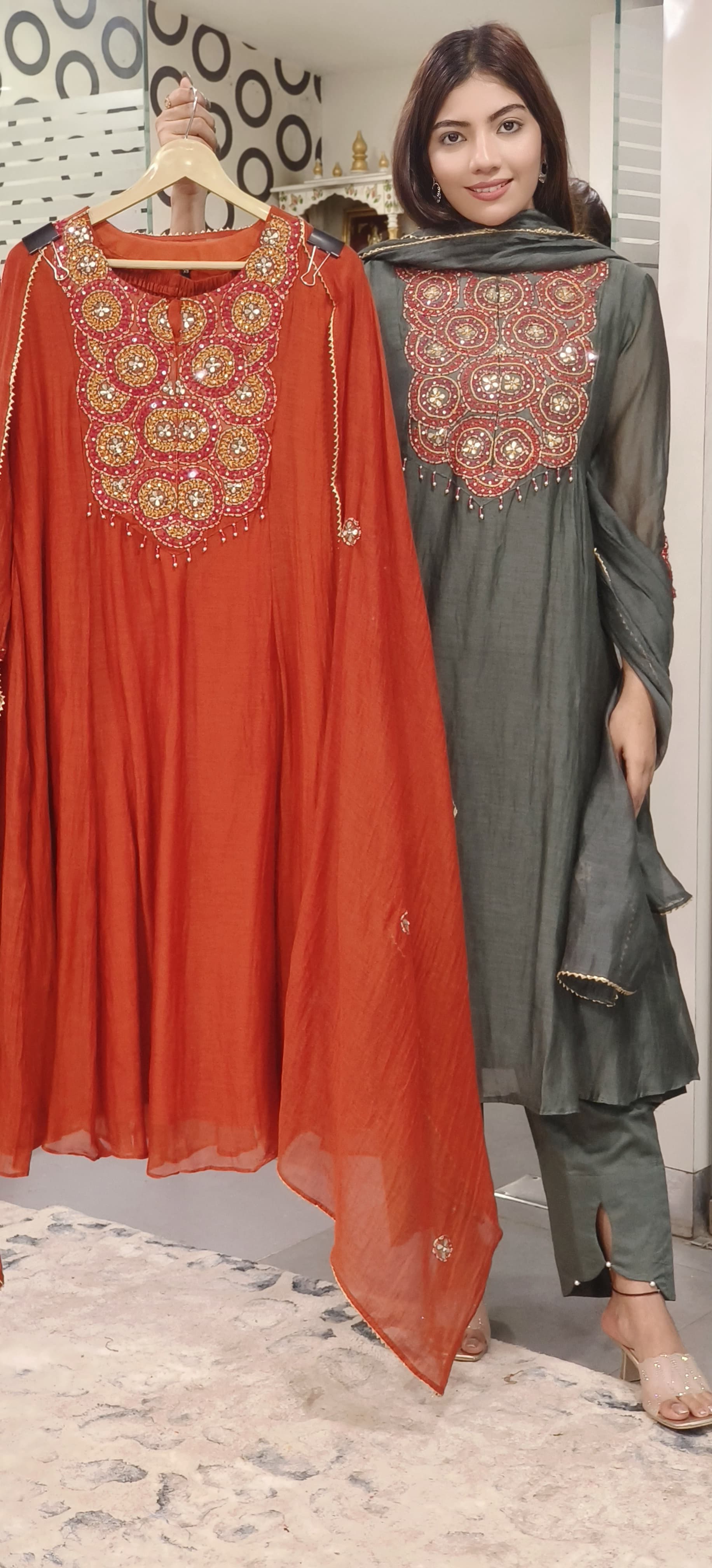 Mul Chanderi Multicolored Thread Embroidered Party Aline Kurta with Bottom and Dupatta 09631