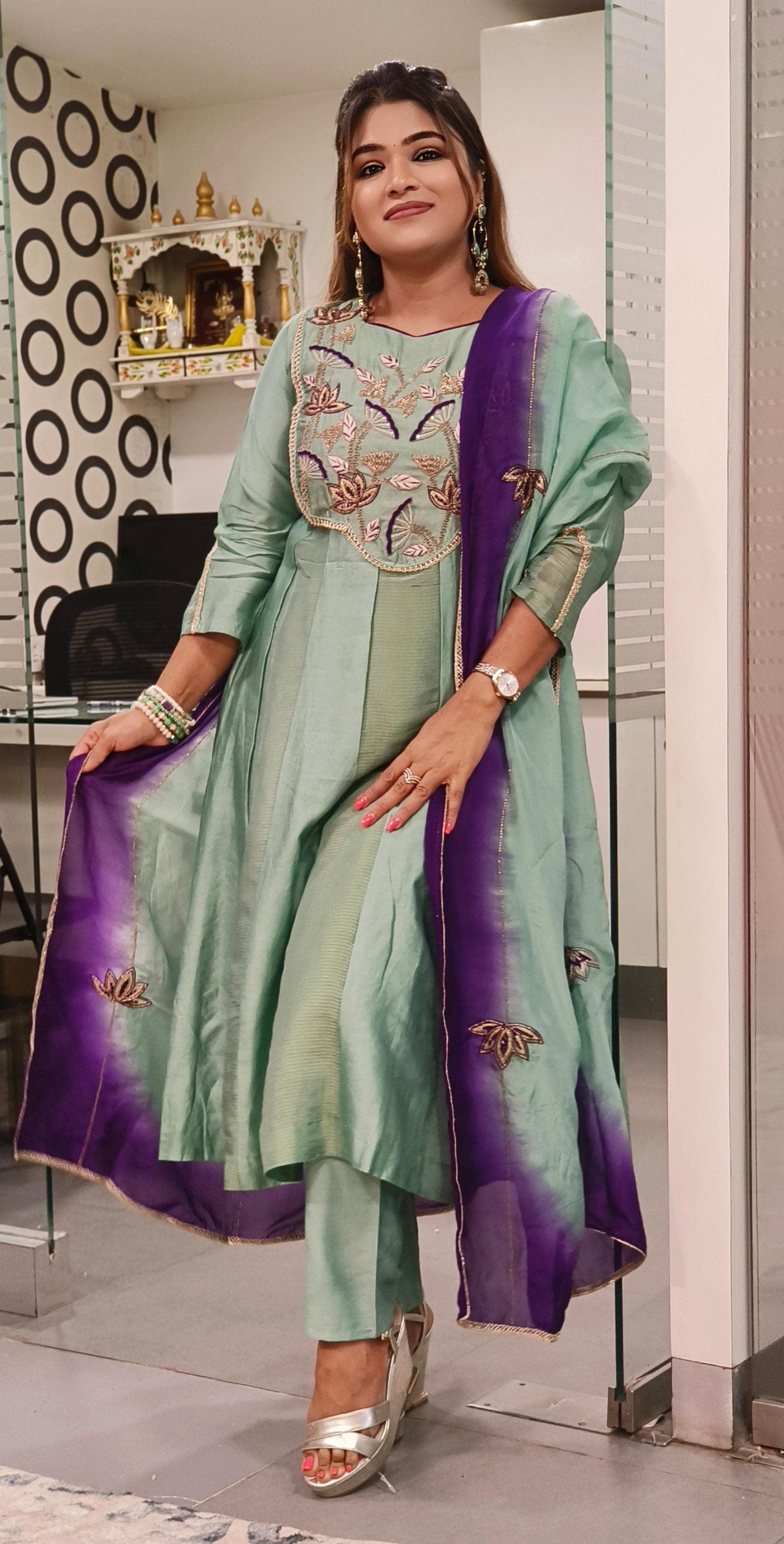 Pure Chanderi Zari Zardozi & Thread Embroidered Work Party Wear Aline Kurta with Pant and Organza Dupatta- 09636