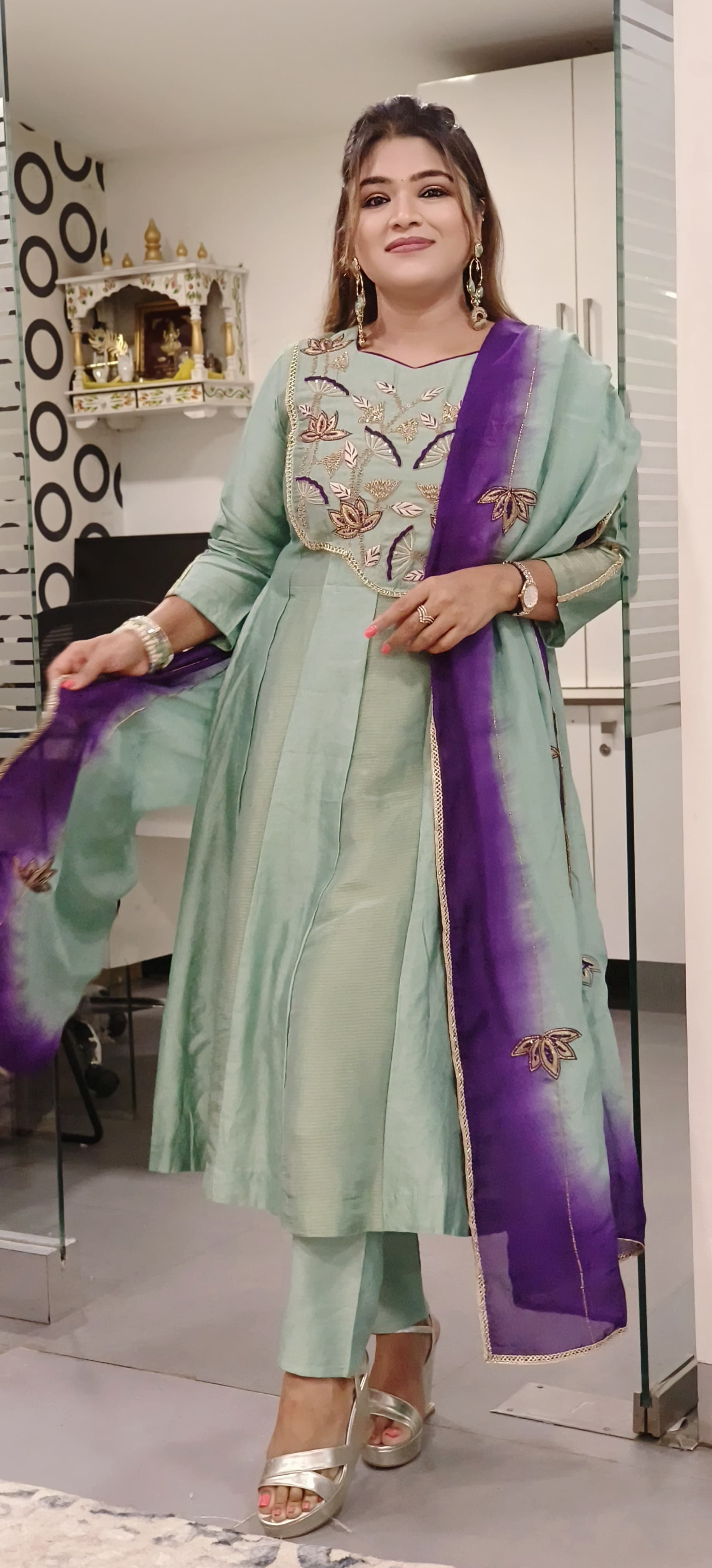 Pure Chanderi Zari Zardozi & Thread Embroidered Work Party Wear Aline Kurta with Pant and Organza Dupatta- 09636