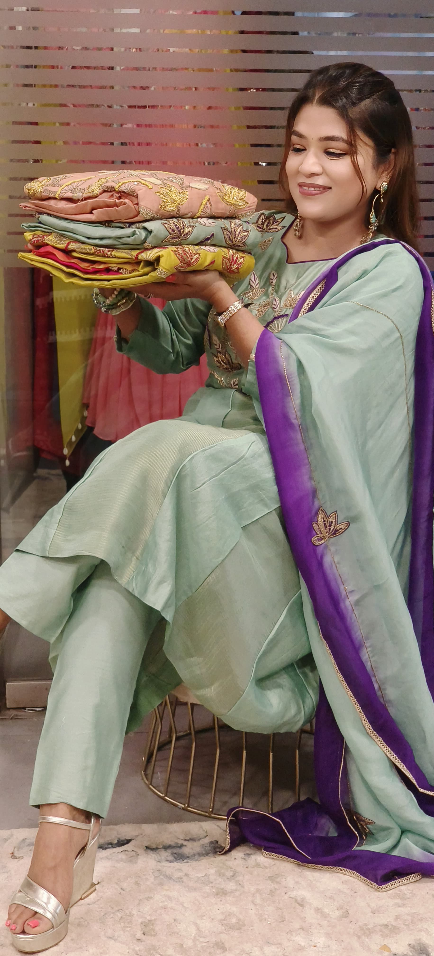 Pure Chanderi Zari Zardozi & Thread Embroidered Work Party Wear Aline Kurta with Pant and Organza Dupatta- 09636