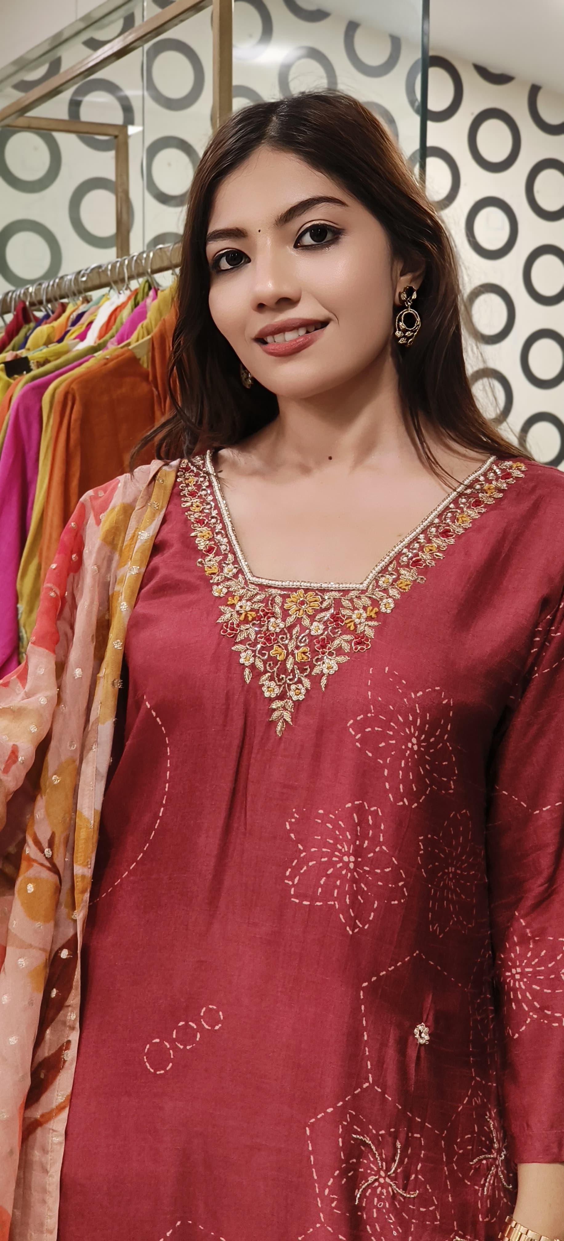 Zardozi Embroidered Glass Neck Pure Crepe Full Suit Set-09878