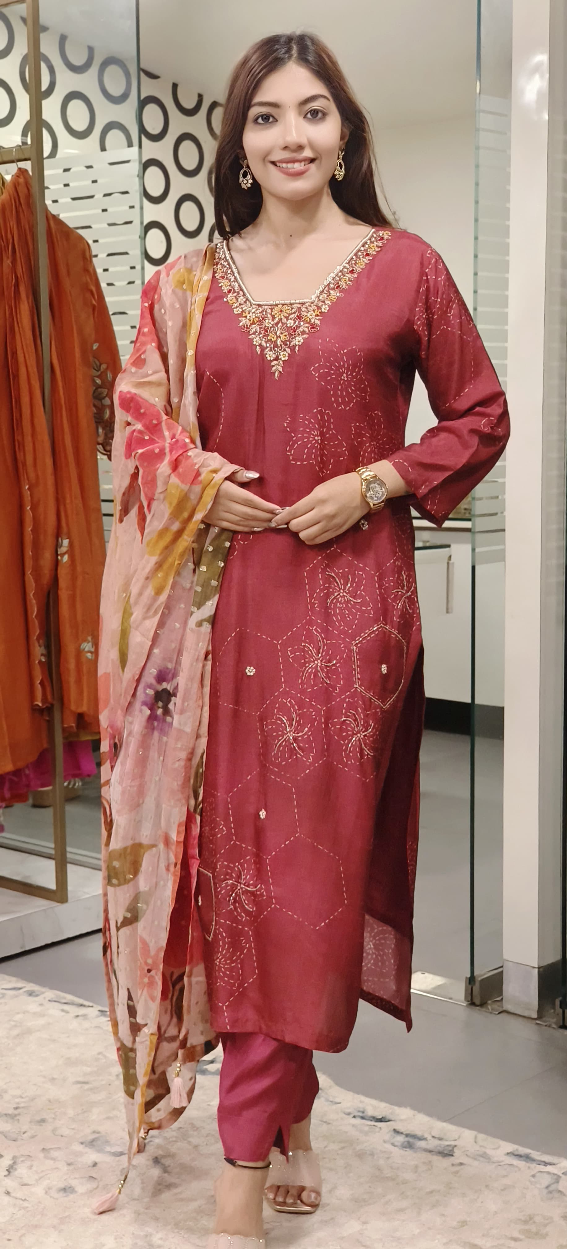 Zardozi Embroidered Glass Neck Pure Crepe Full Suit Set-09878