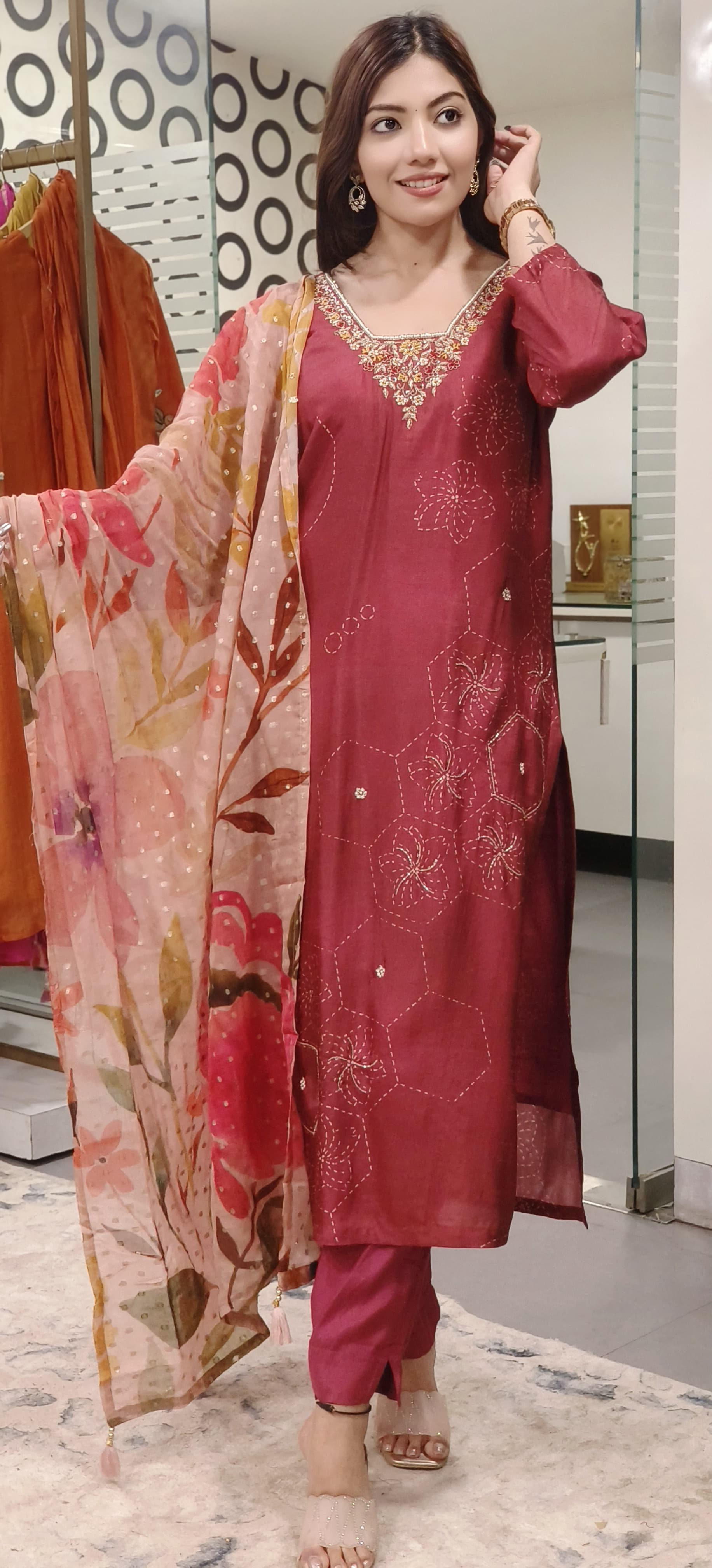 Zardozi Embroidered Glass Neck Pure Crepe Full Suit Set-09878