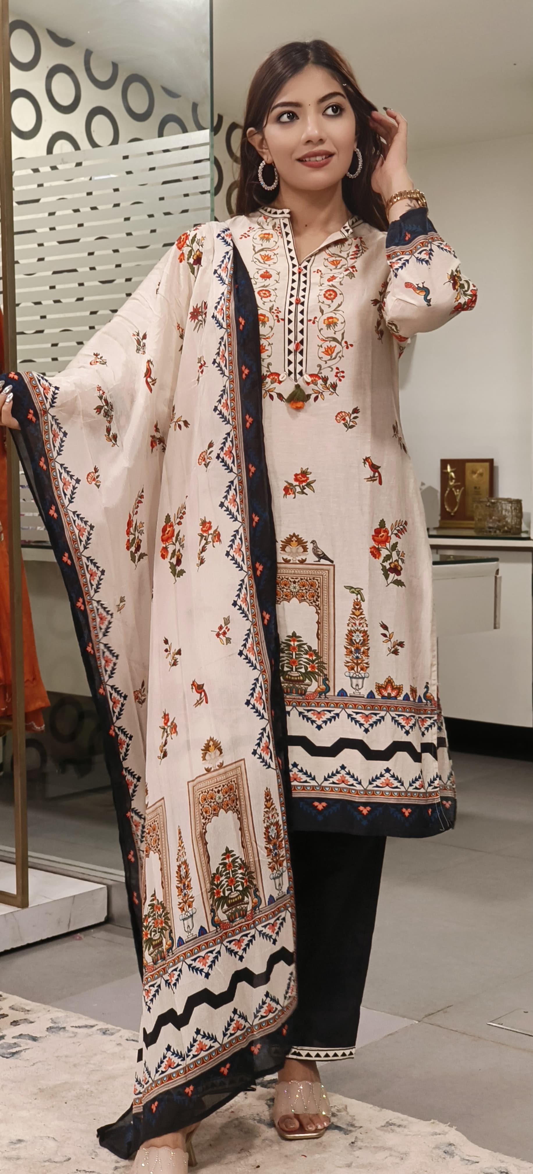 Linen Cotton Printed full suit set-09783