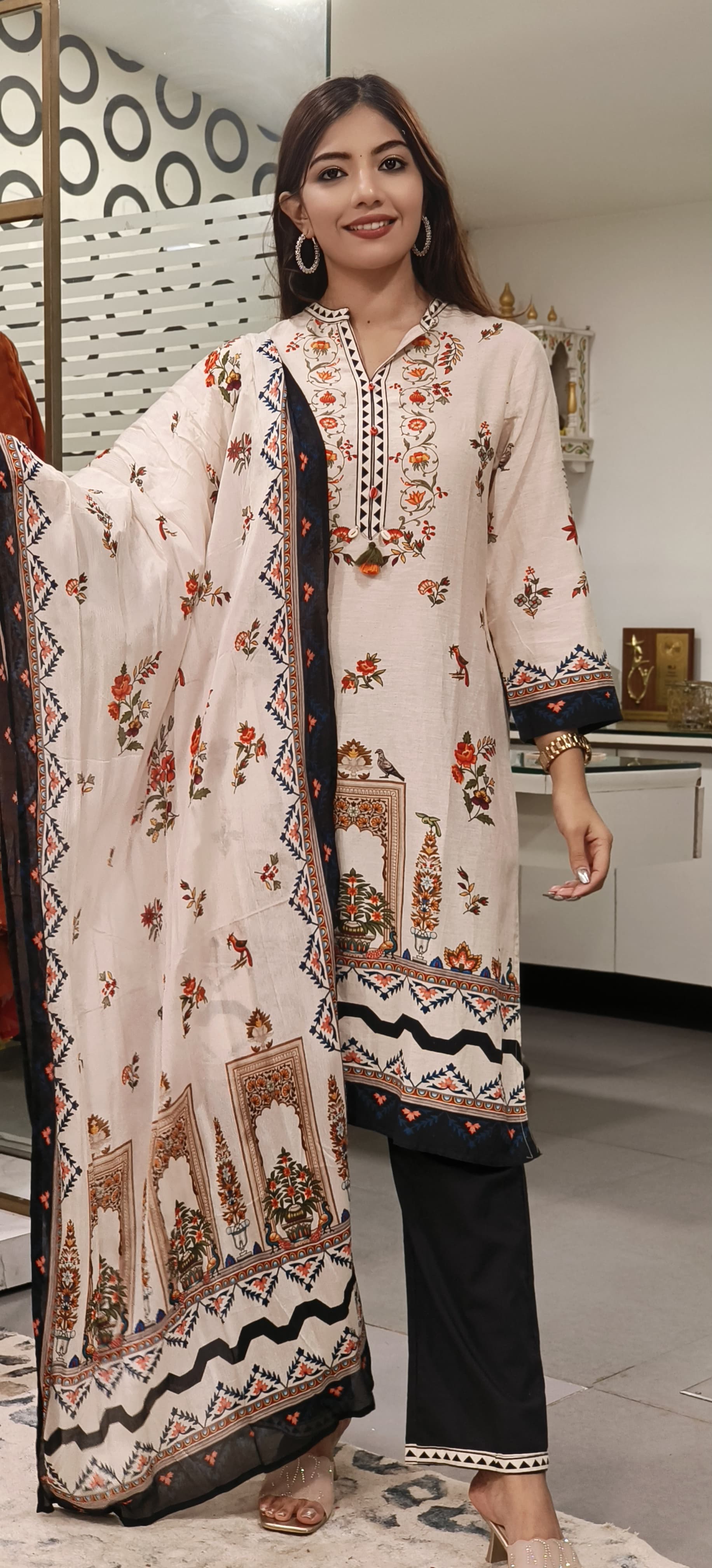 Linen Cotton Printed full suit set-09783