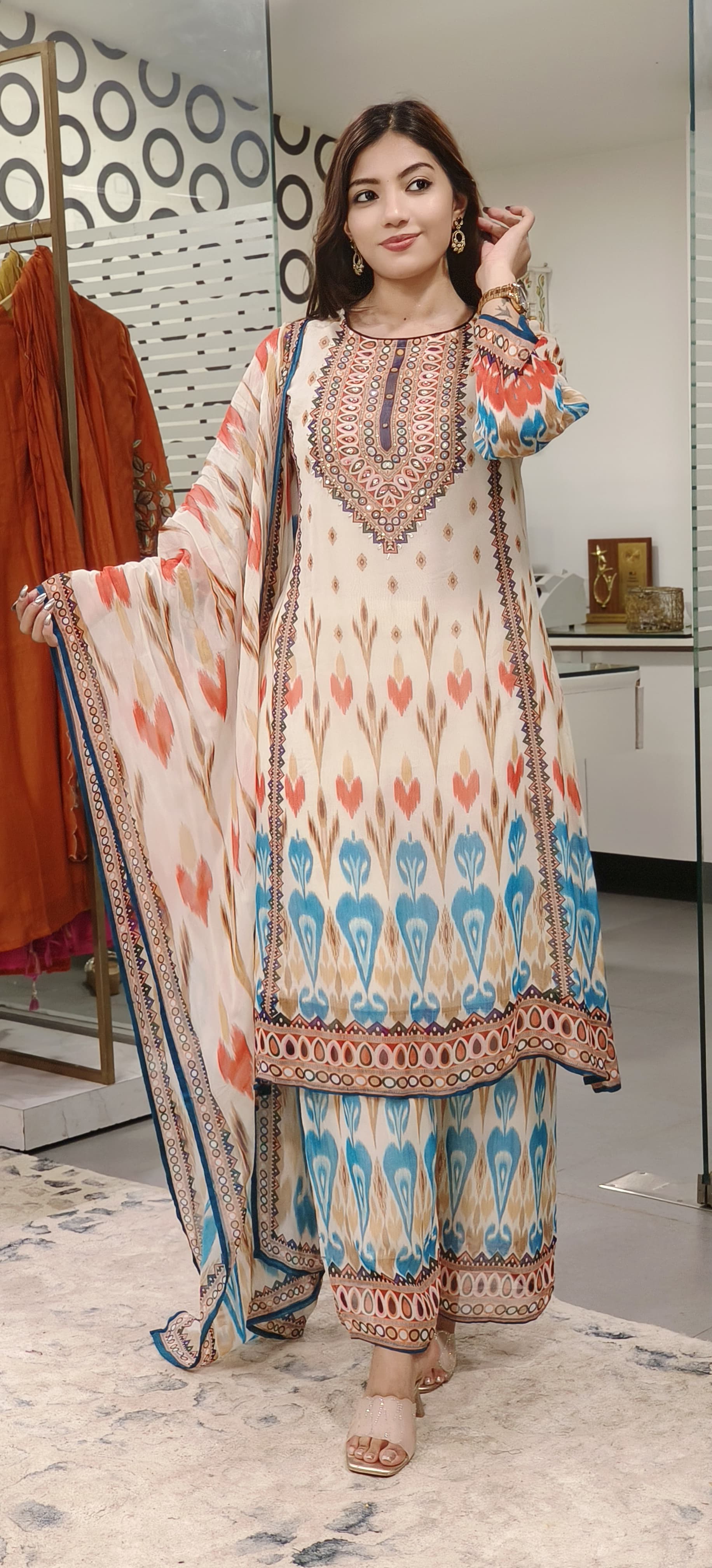 Beautiful Printed Georgette Kurta With Loose Bottom And Dupatta-09795