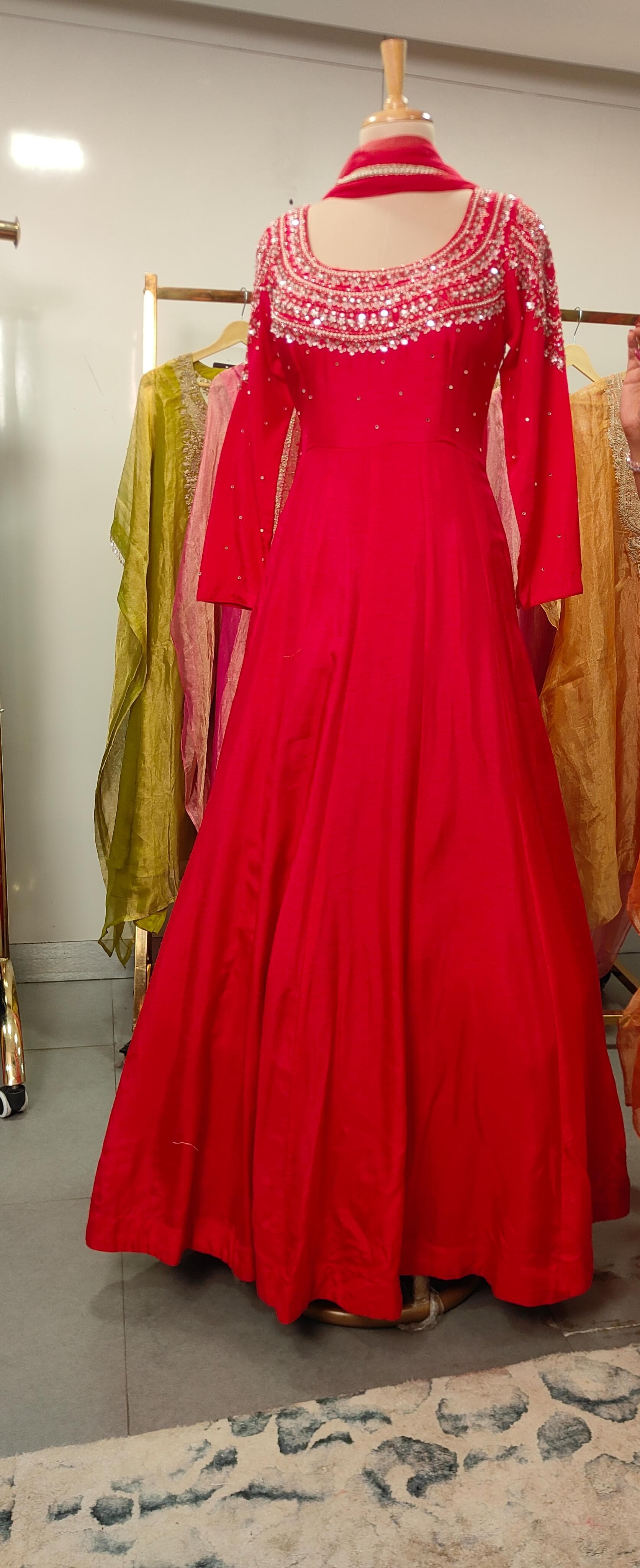 Beautiful Yoke Beads & Crystal Handwork Heavy Cane Cane Gown In Silk Fabric With Netted Dupatta- 09903 DRYWASH On Orders