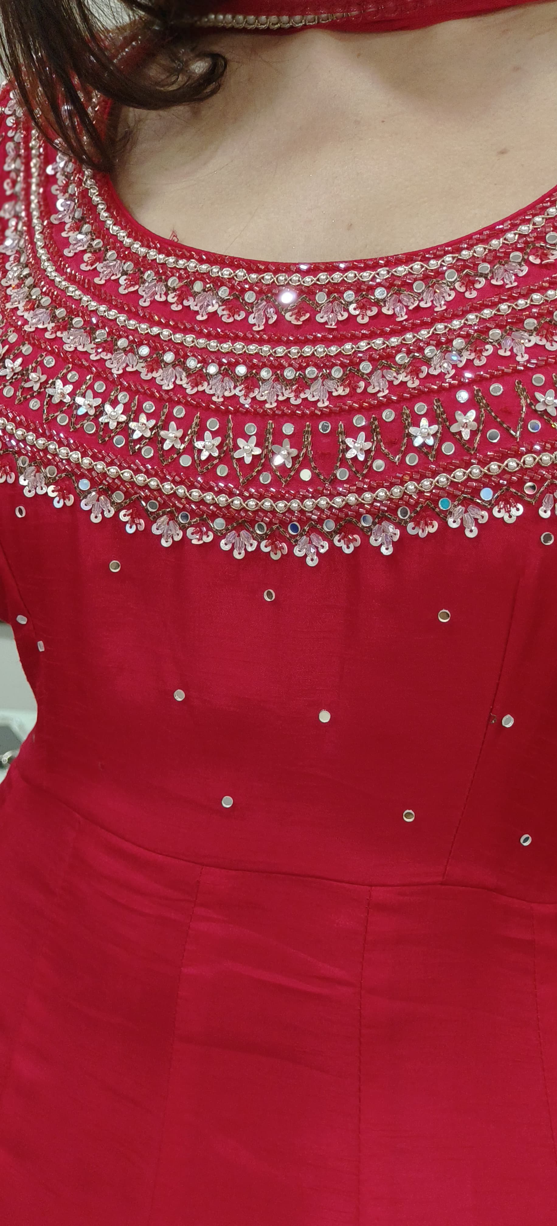 Beautiful Yoke Beads & Crystal Handwork Heavy Cane Cane Gown In Silk Fabric With Netted Dupatta- 09903 DRYWASH On Orders