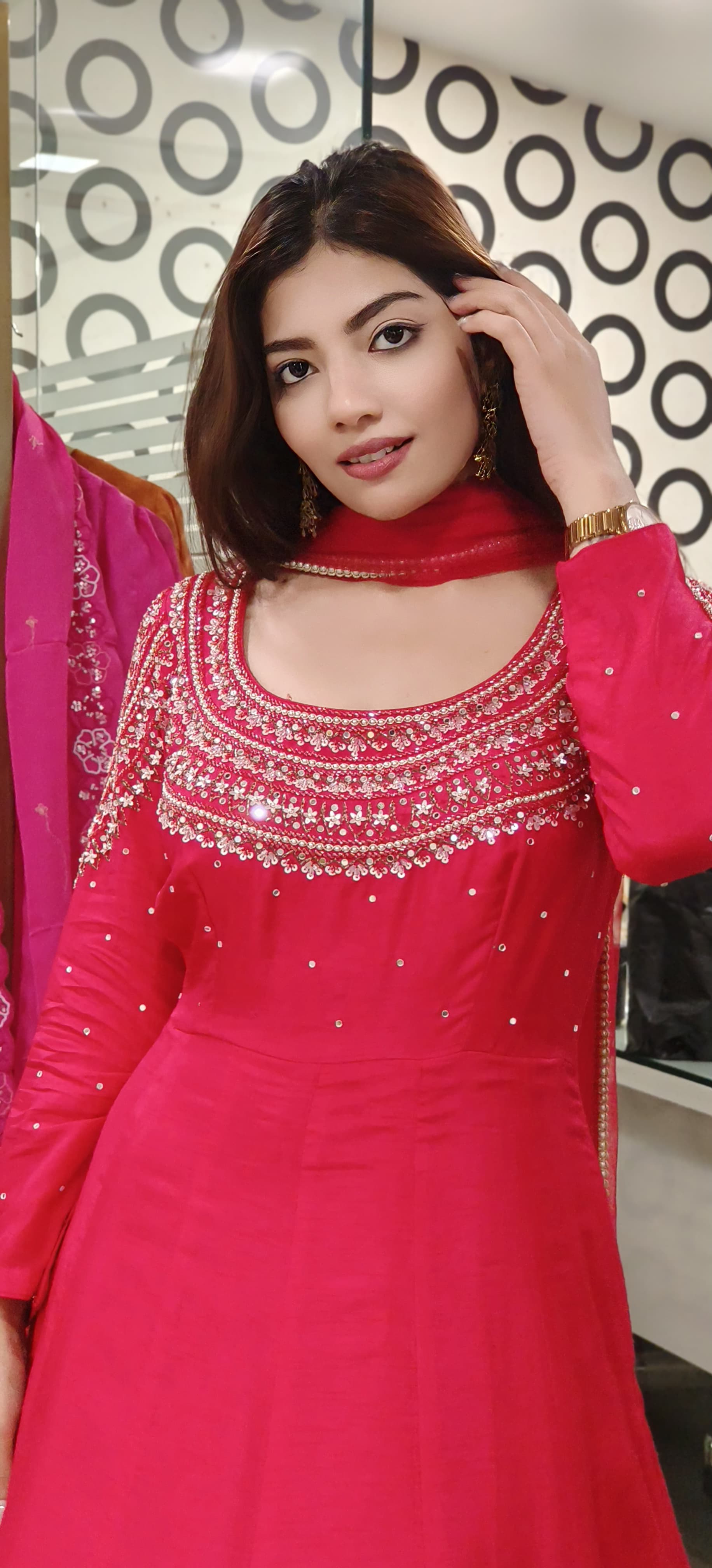 Beautiful Yoke Beads & Crystal Handwork Heavy Cane Cane Gown In Silk Fabric With Netted Dupatta- 09903 DRYWASH On Orders