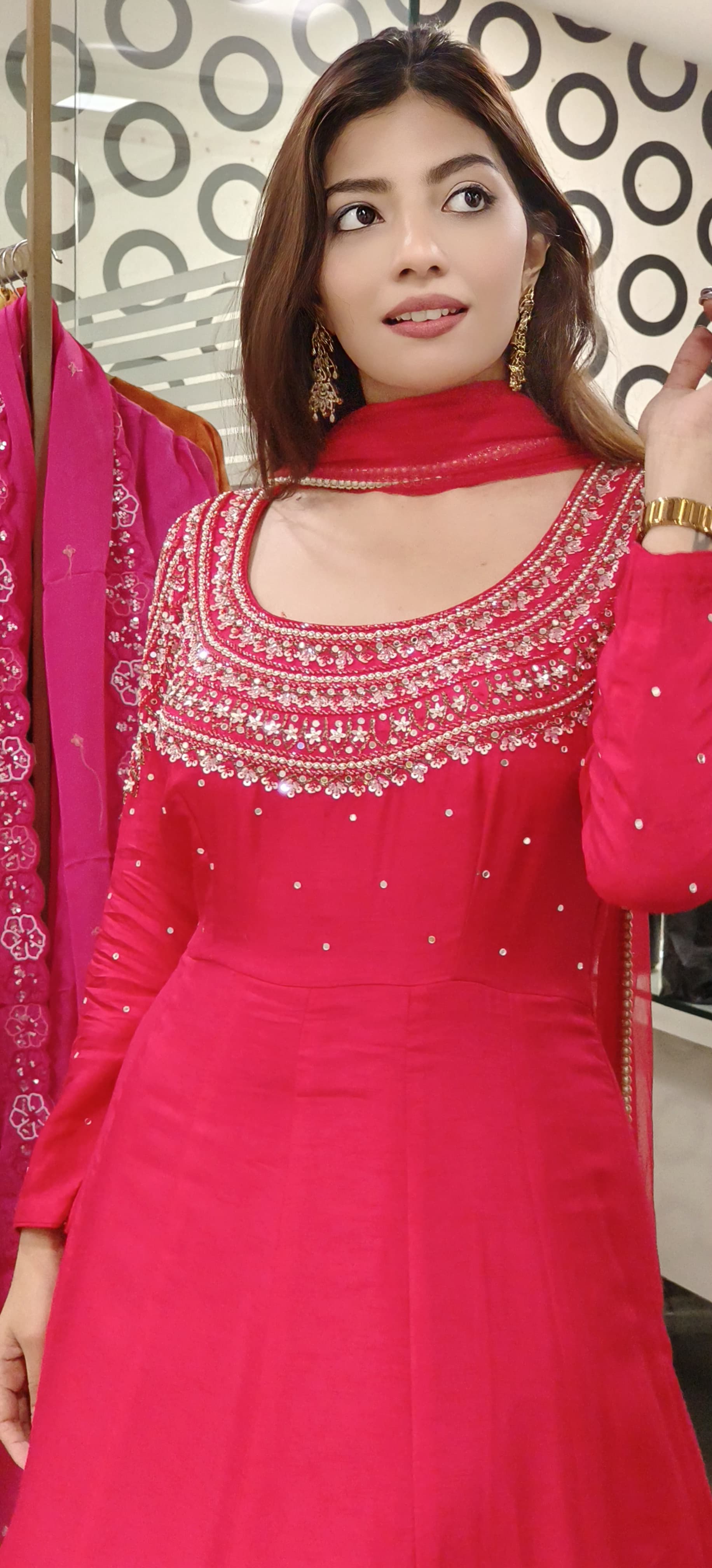 Beautiful Yoke Beads & Crystal Handwork Heavy Cane Cane Gown In Silk Fabric With Netted Dupatta- 09903 DRYWASH On Orders