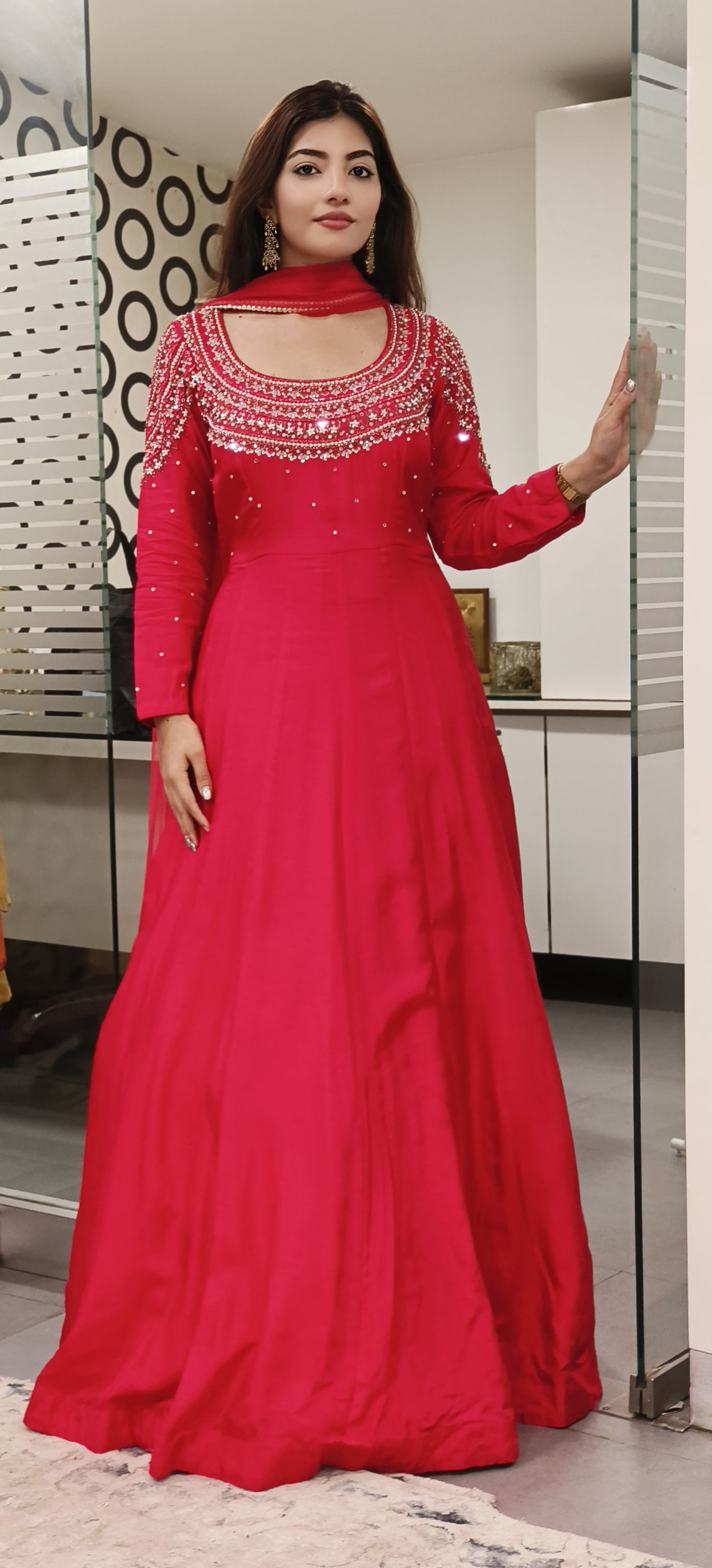 Beautiful Yoke Beads & Crystal Handwork Heavy Cane Cane Gown In Silk Fabric With Netted Dupatta- 09903 DRYWASH On Orders