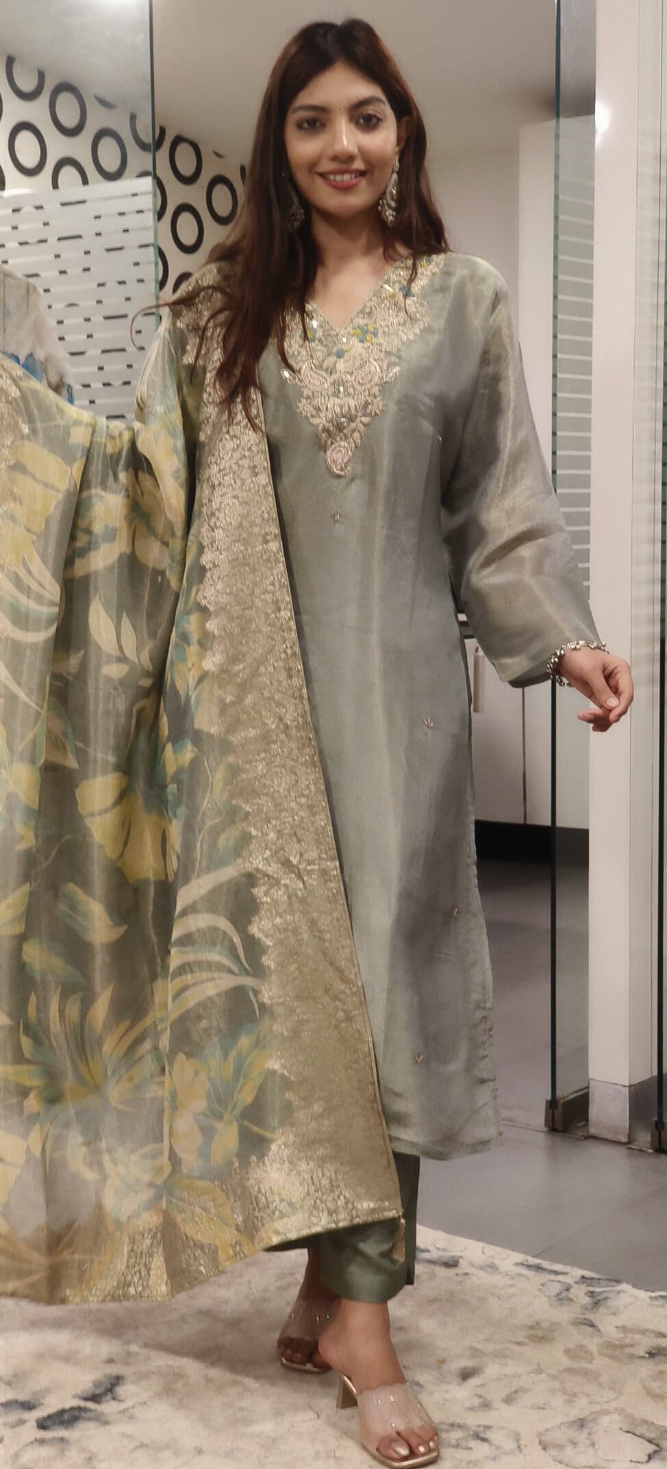 Tissue Silk V-Neck Zardosi Embroidery Full Set-07979