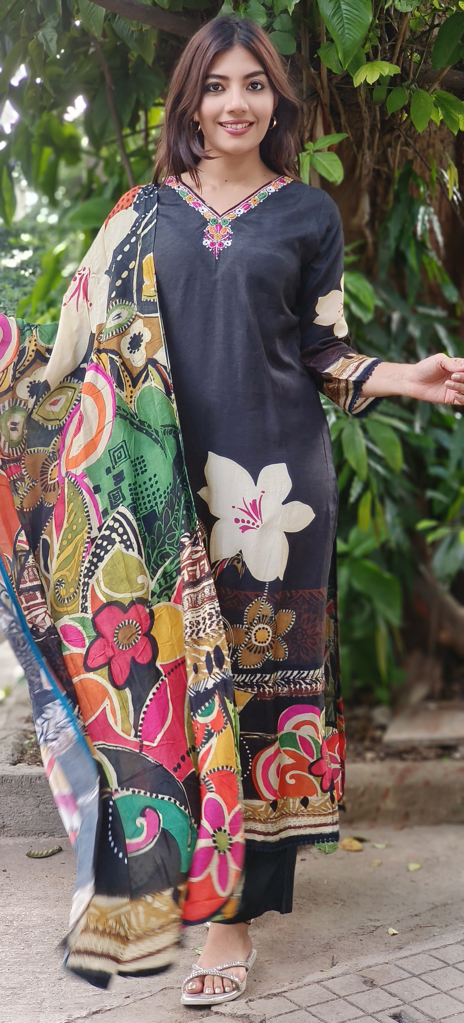 Digital Floral Print Kurta Pant With Dupatta In Dola Silk Fabric