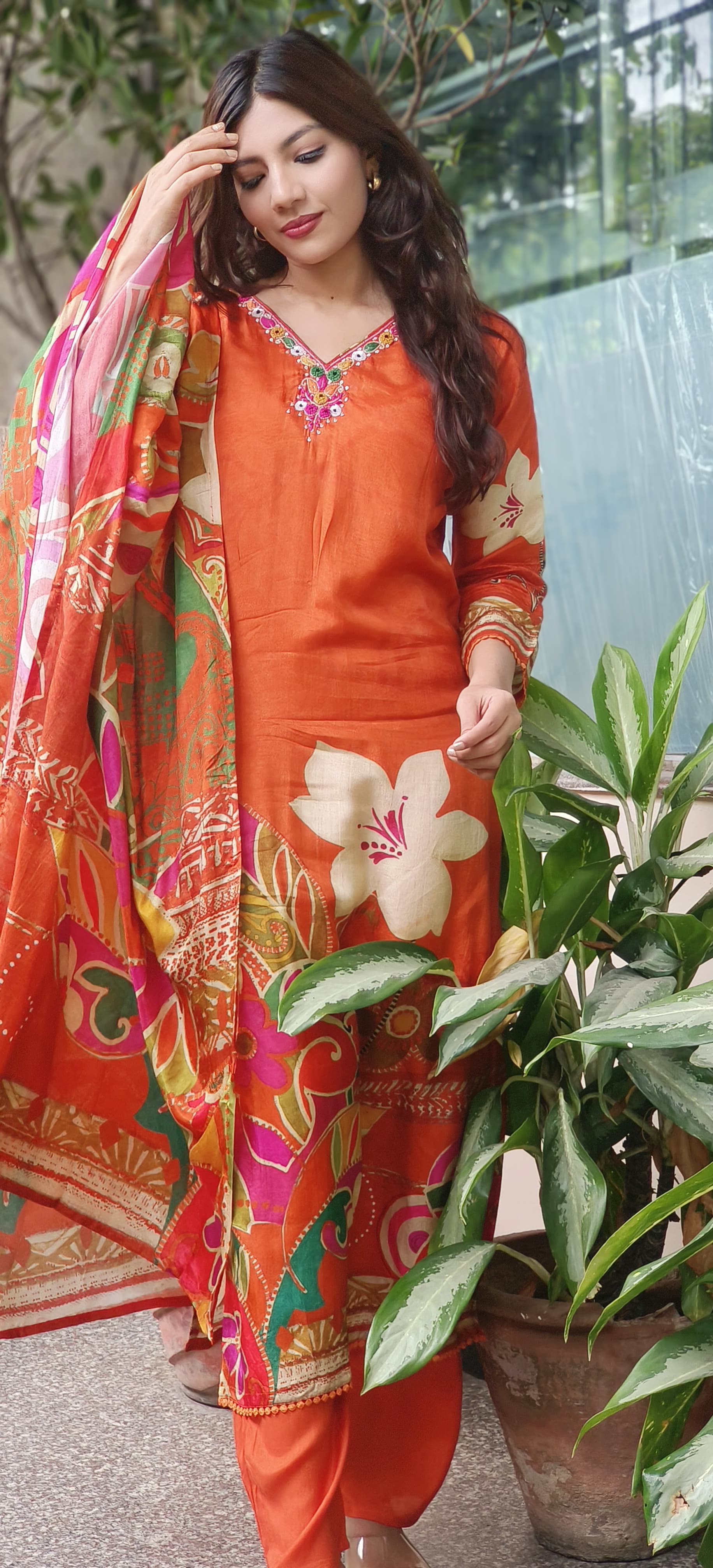 Digital Floral Print Kurta Pant With Dupatta In Dola Silk Fabric