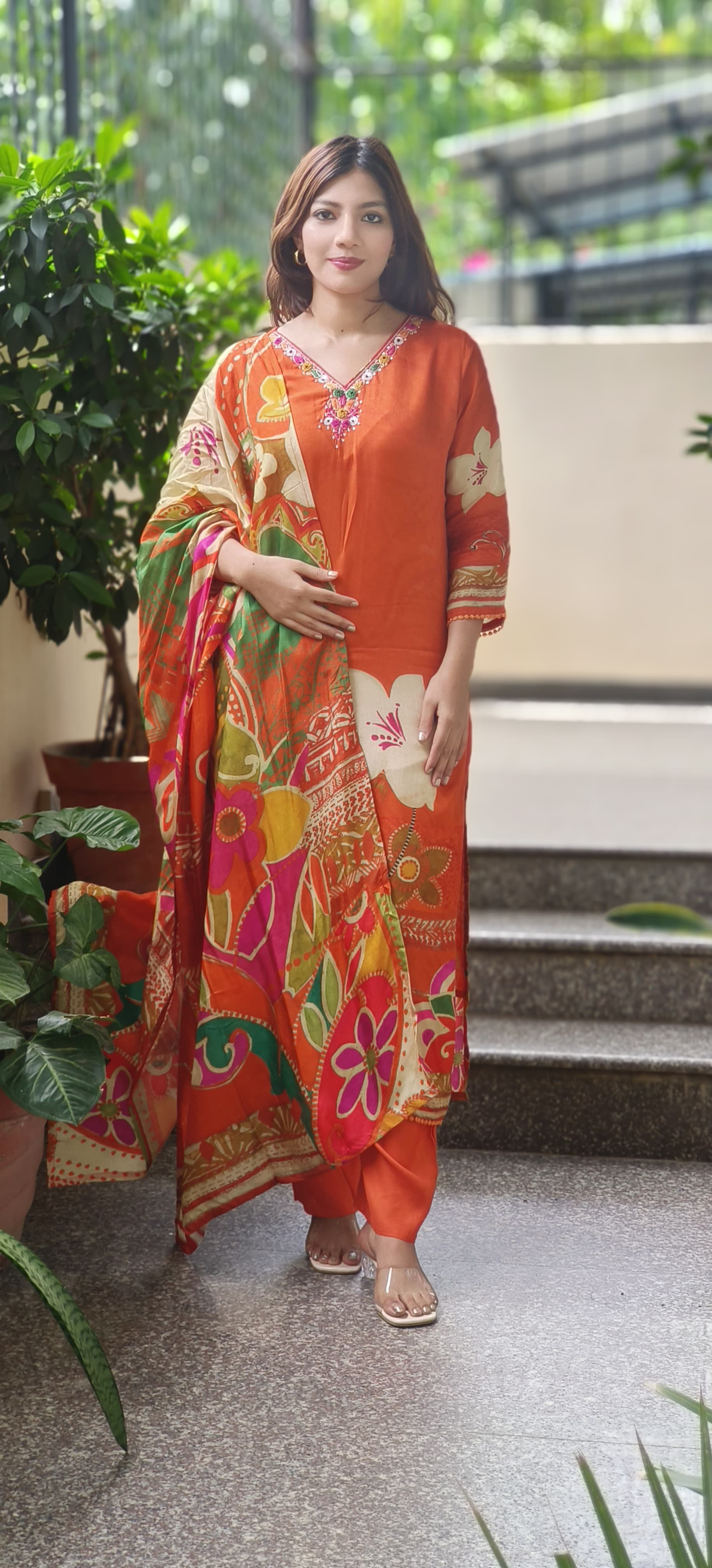Digital Floral Print Kurta Pant With Dupatta In Dola Silk Fabric