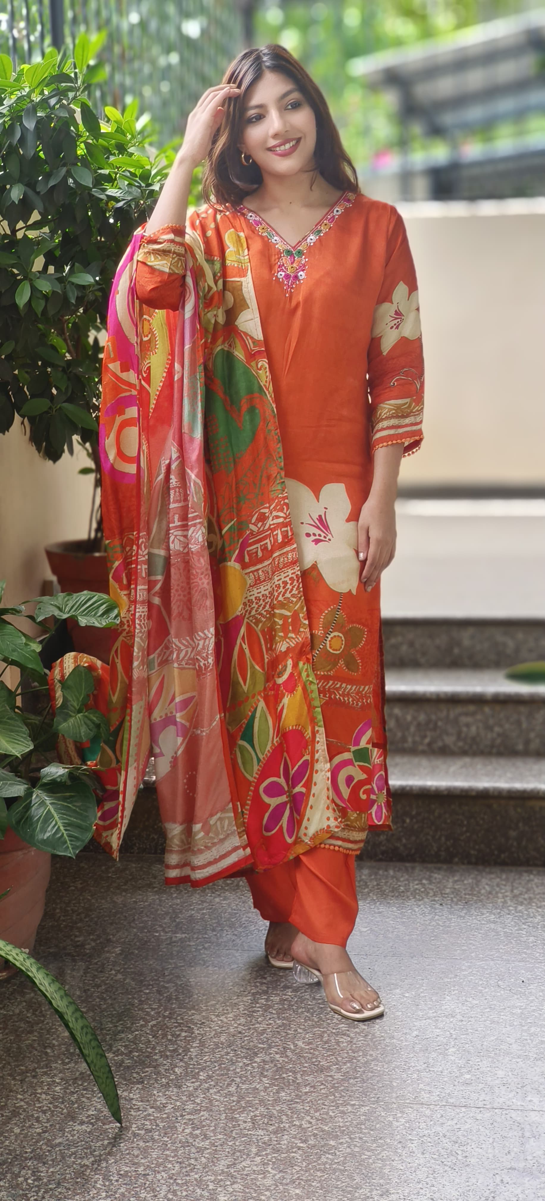 Digital Floral Print Kurta Pant With Dupatta In Dola Silk Fabric