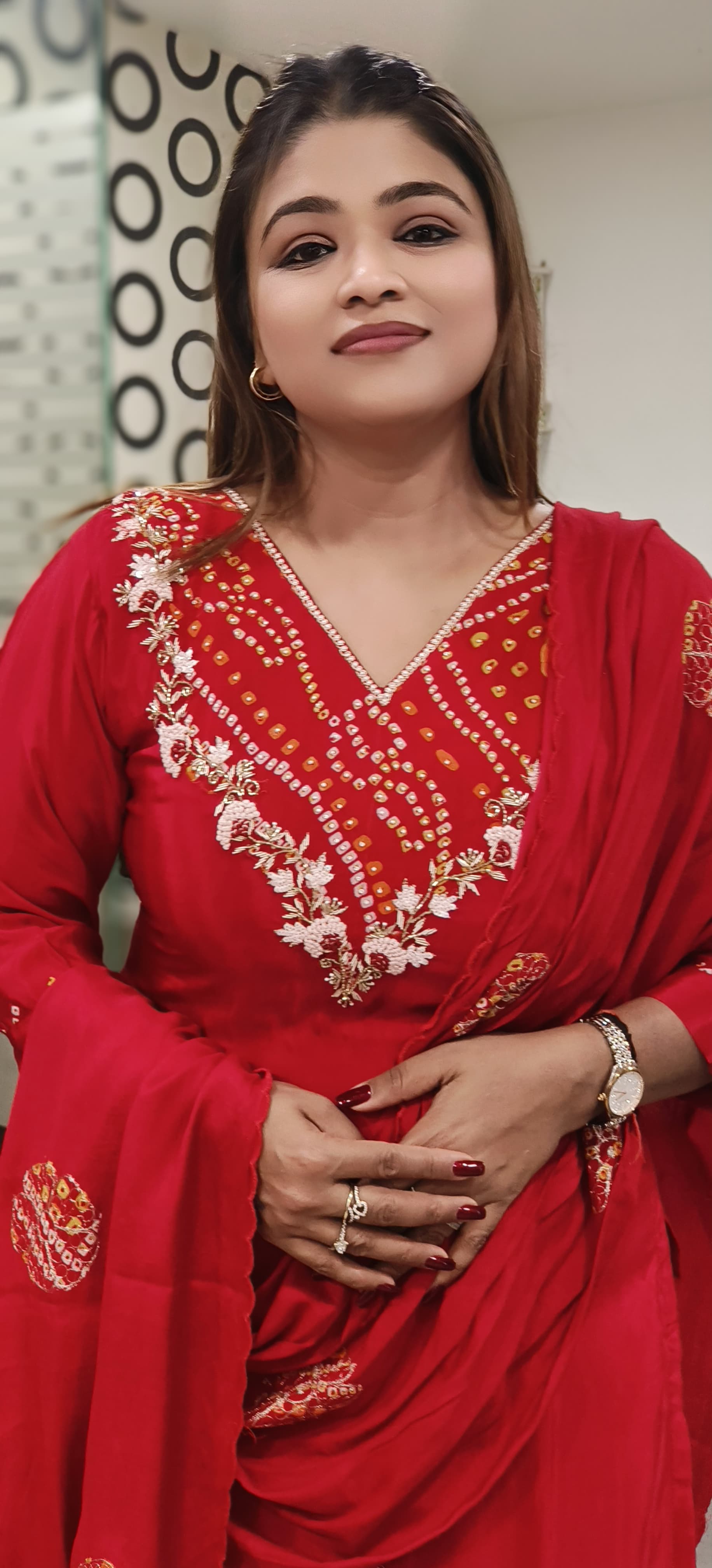 Pearl & Beads Bandhani Work V-Neck Kurta(Lining Inside) With Bottom & Dupatta In Crepe Fabric- 10043 (Red Colour Dispatching Will Be after 25 Days)