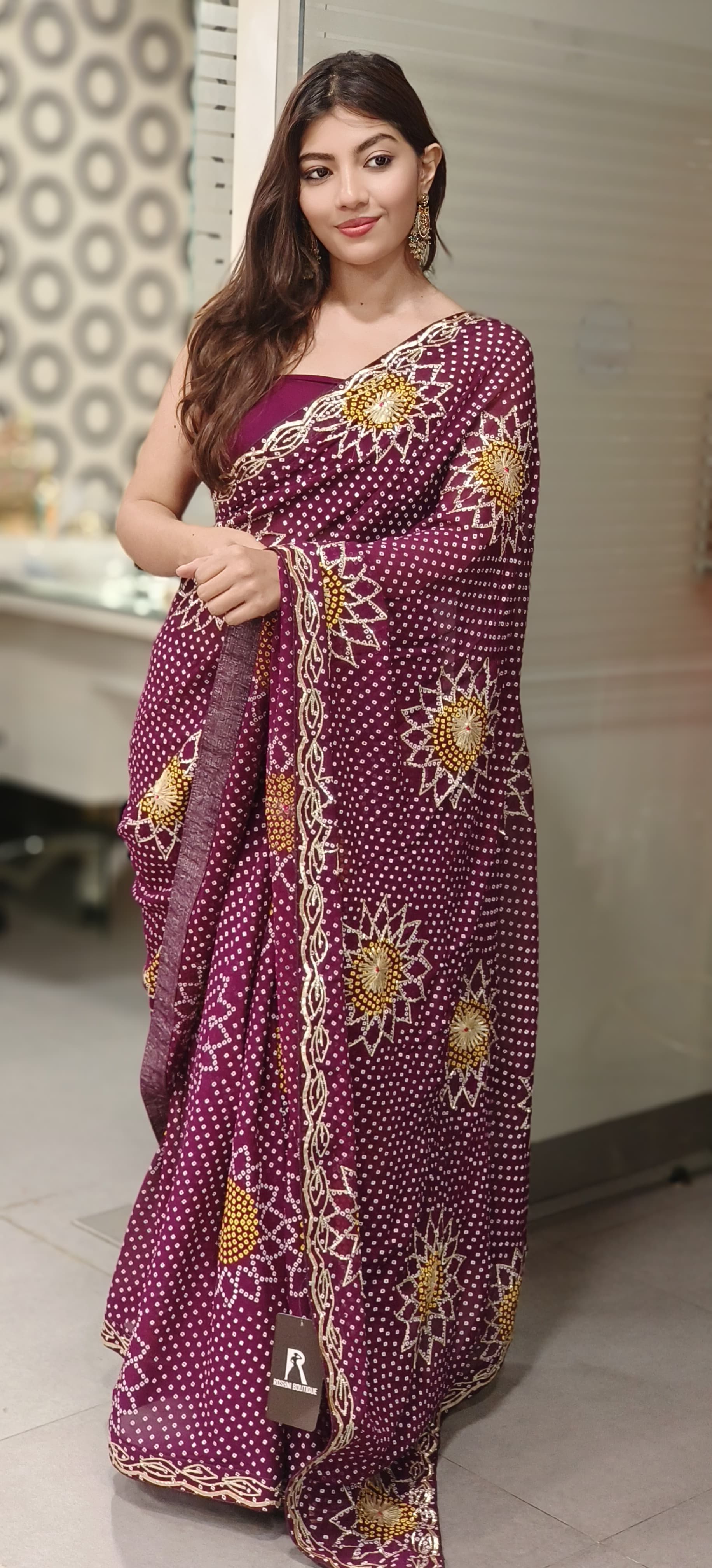 Gota Patti Work Bandhani Print Georgette Saree (Unstitched Blouse)