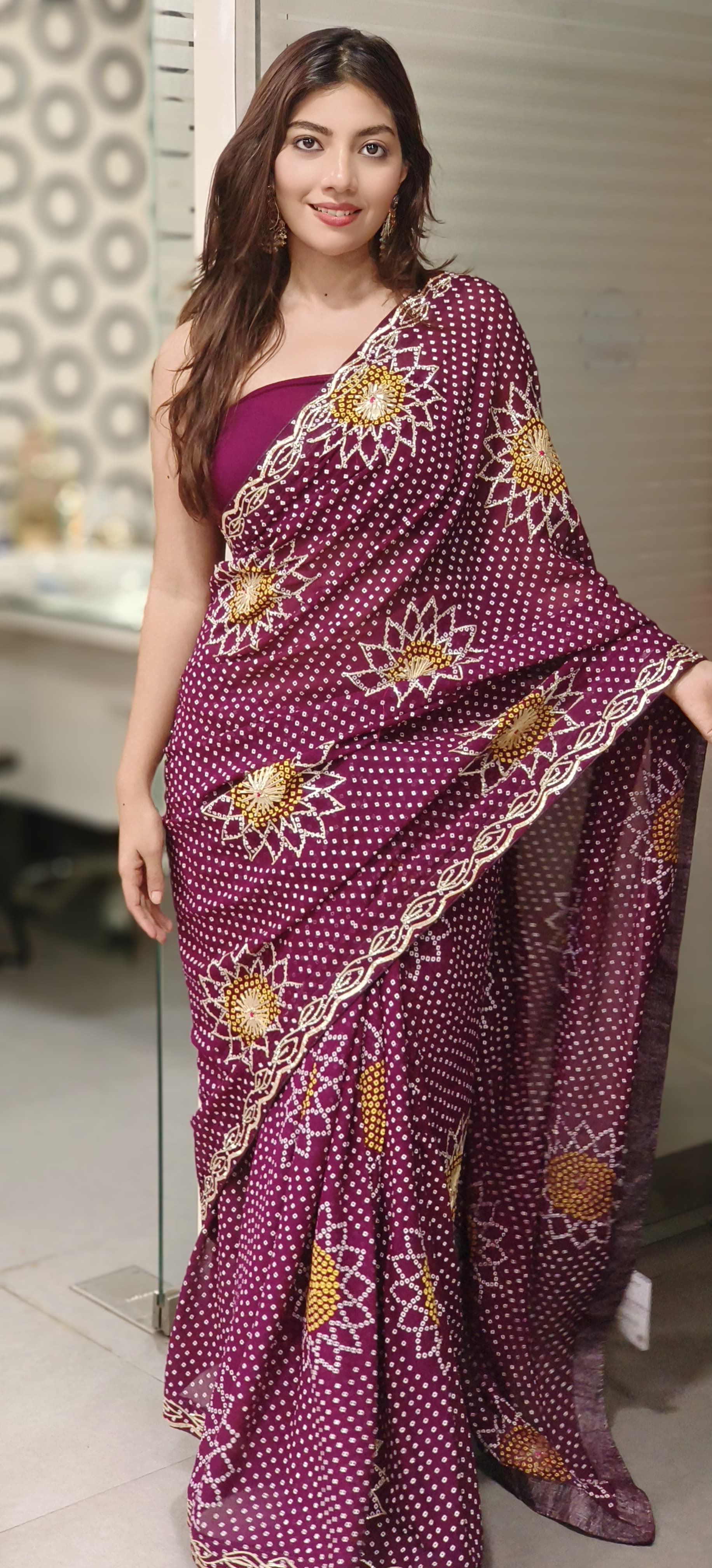 Gota Patti Work Bandhani Print Georgette Saree (Unstitched Blouse)