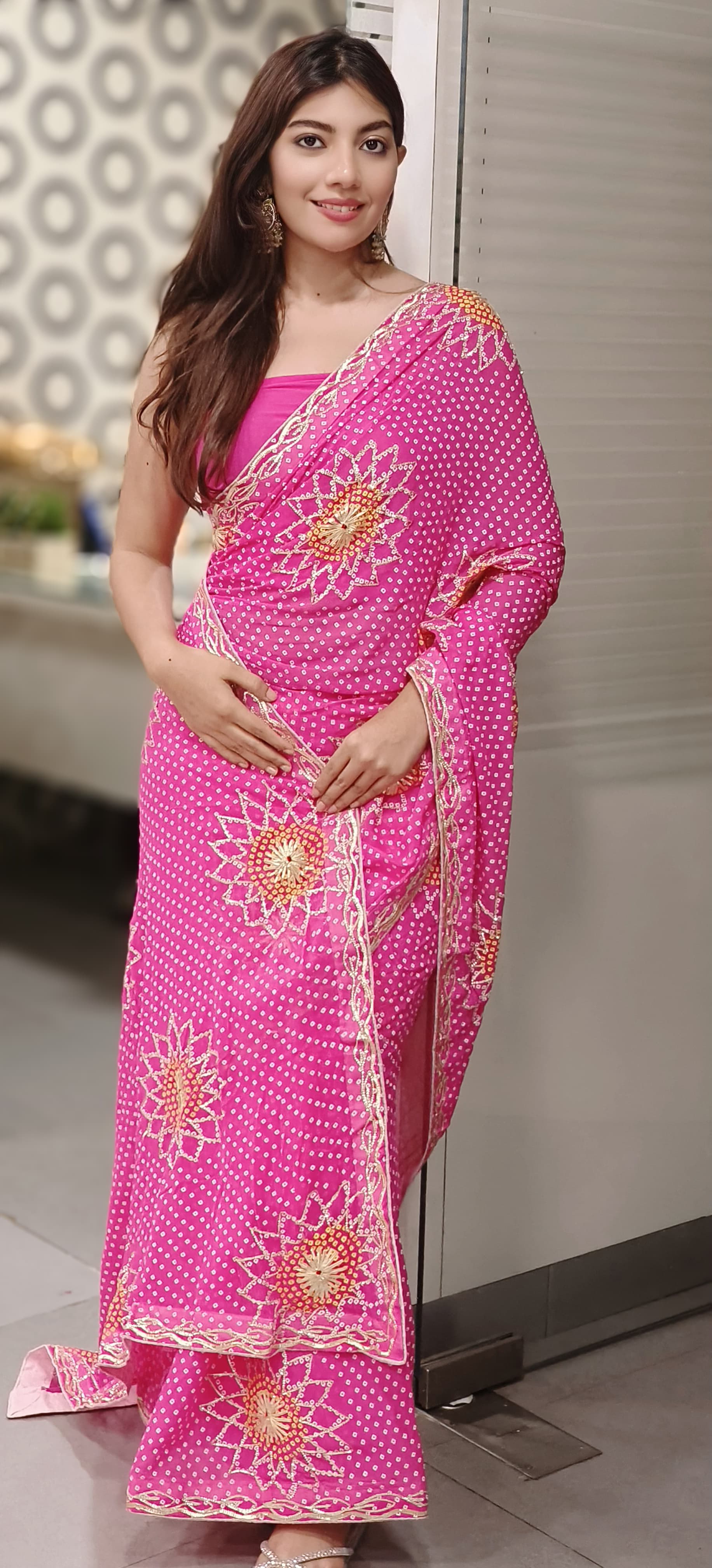 Gota Patti Work Bandhani Print Georgette Saree (Unstitched Blouse)