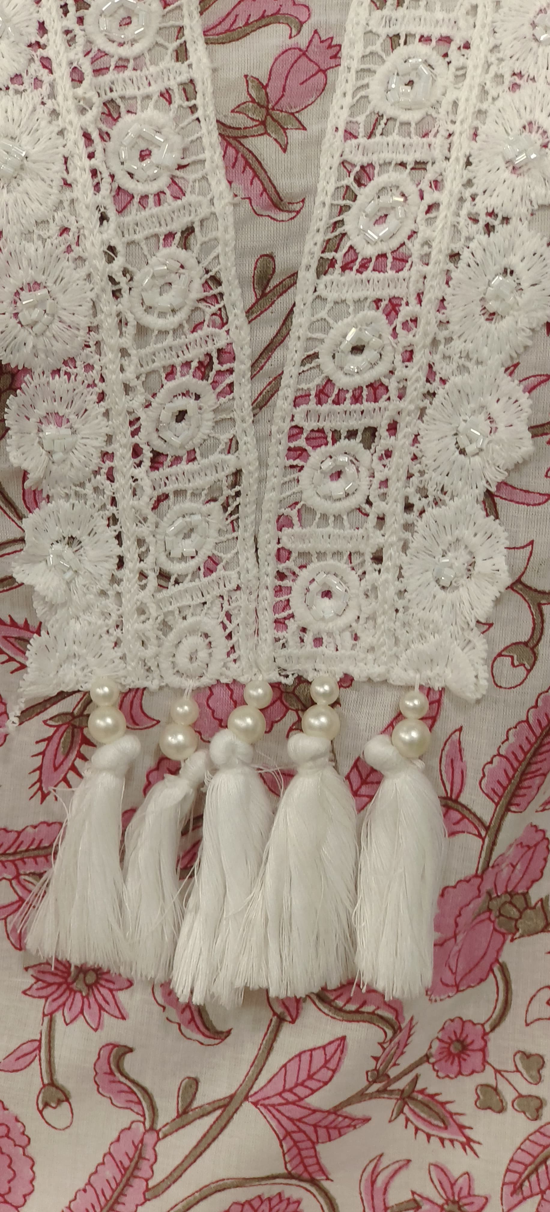 Crosia Lace Floral Printed Cotton Neck Embroidery Lace Kurta Pant and Dupatta-08245