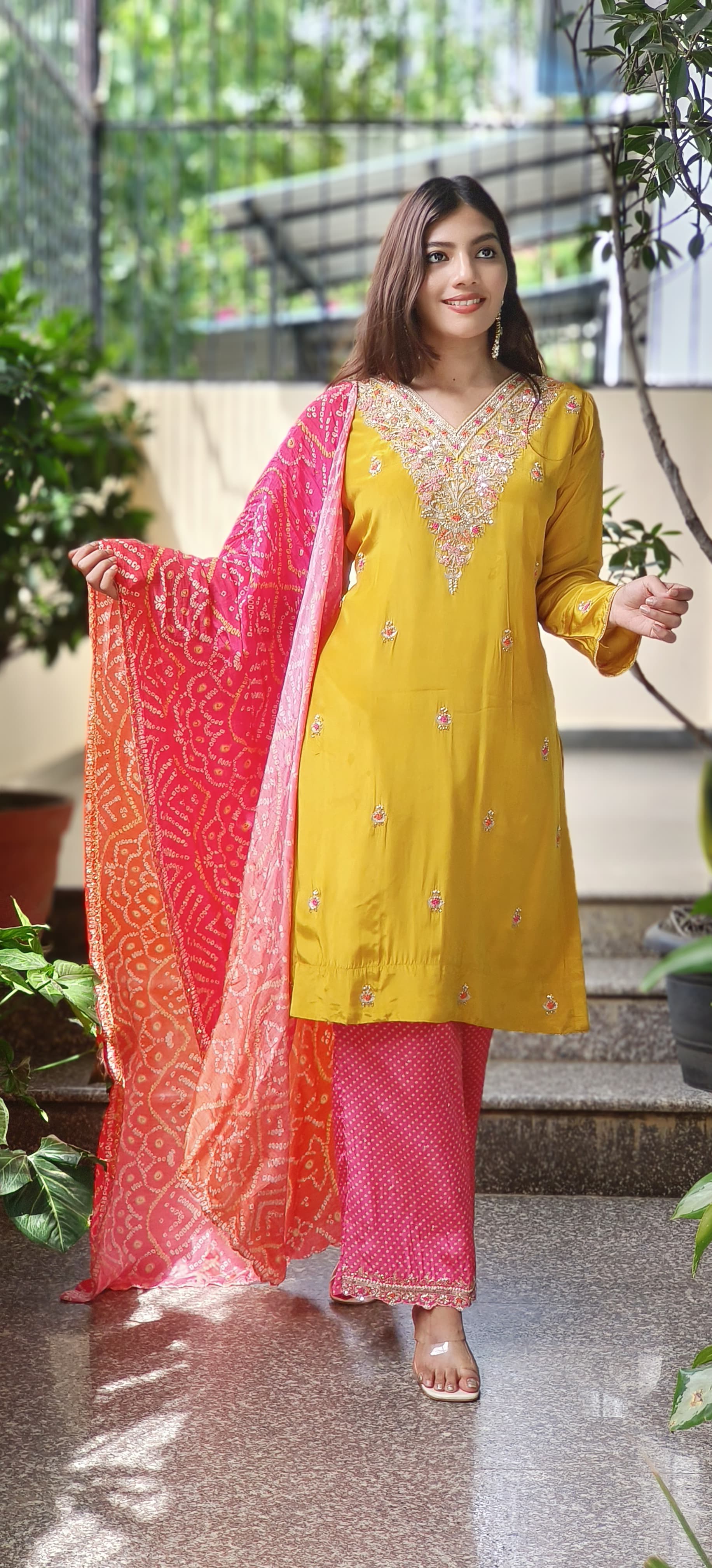 Zardosi Front Handwork Full Suit With Loose Bottom & Bandhani Dupatta In Crape Fabric- 9972