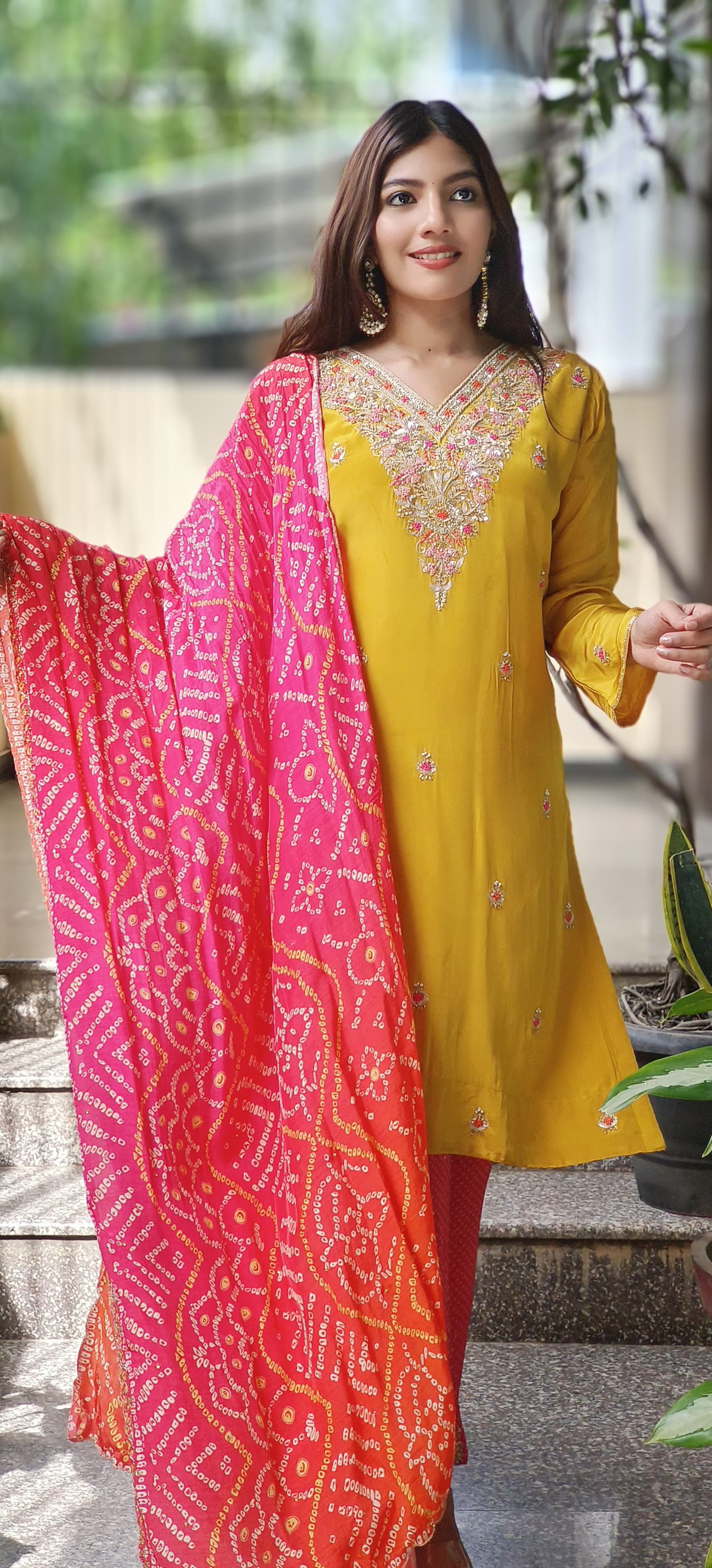 Zardosi Front Handwork Full Suit With Loose Bottom & Bandhani Dupatta In Crape Fabric- 9972