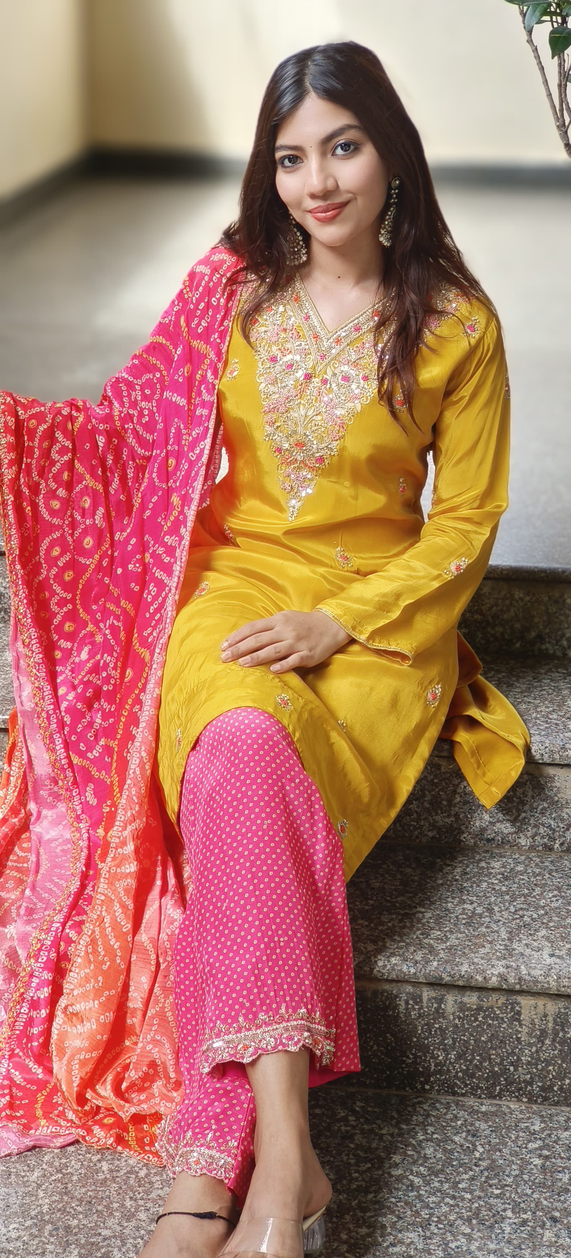 Zardosi Front Handwork Full Suit With Loose Bottom & Bandhani Dupatta In Crape Fabric- 9972