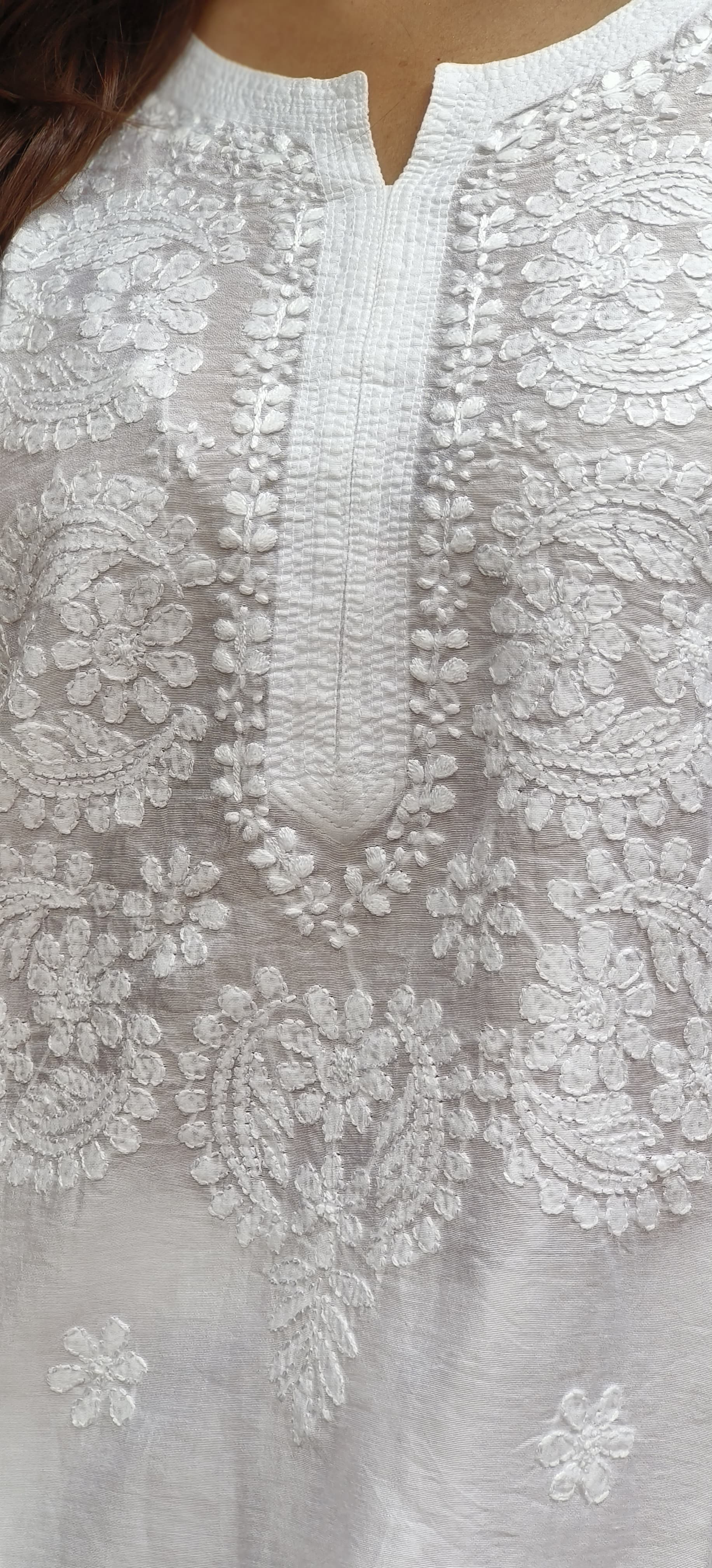 Elegant White Thread Embroidered Chikankari Kurti Only In Chanderi Fabric- 10201