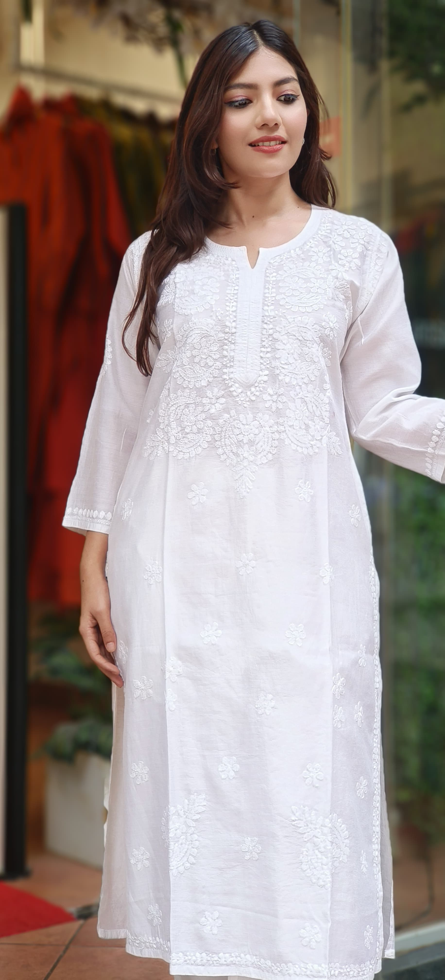 Elegant White Thread Embroidered Chikankari Kurti Only In Chanderi Fabric- 10201