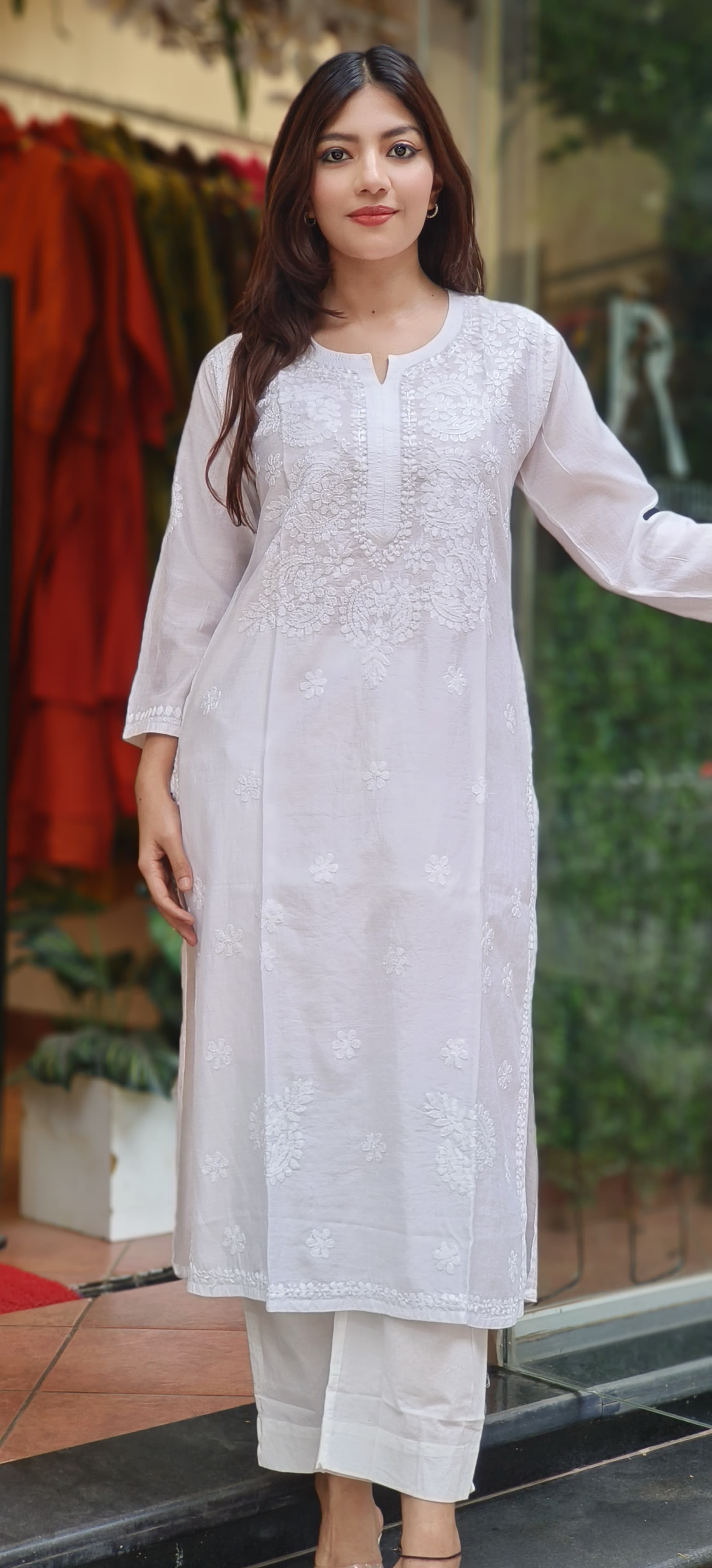Elegant White Thread Embroidered Chikankari Kurti Only In Chanderi Fabric- 10201