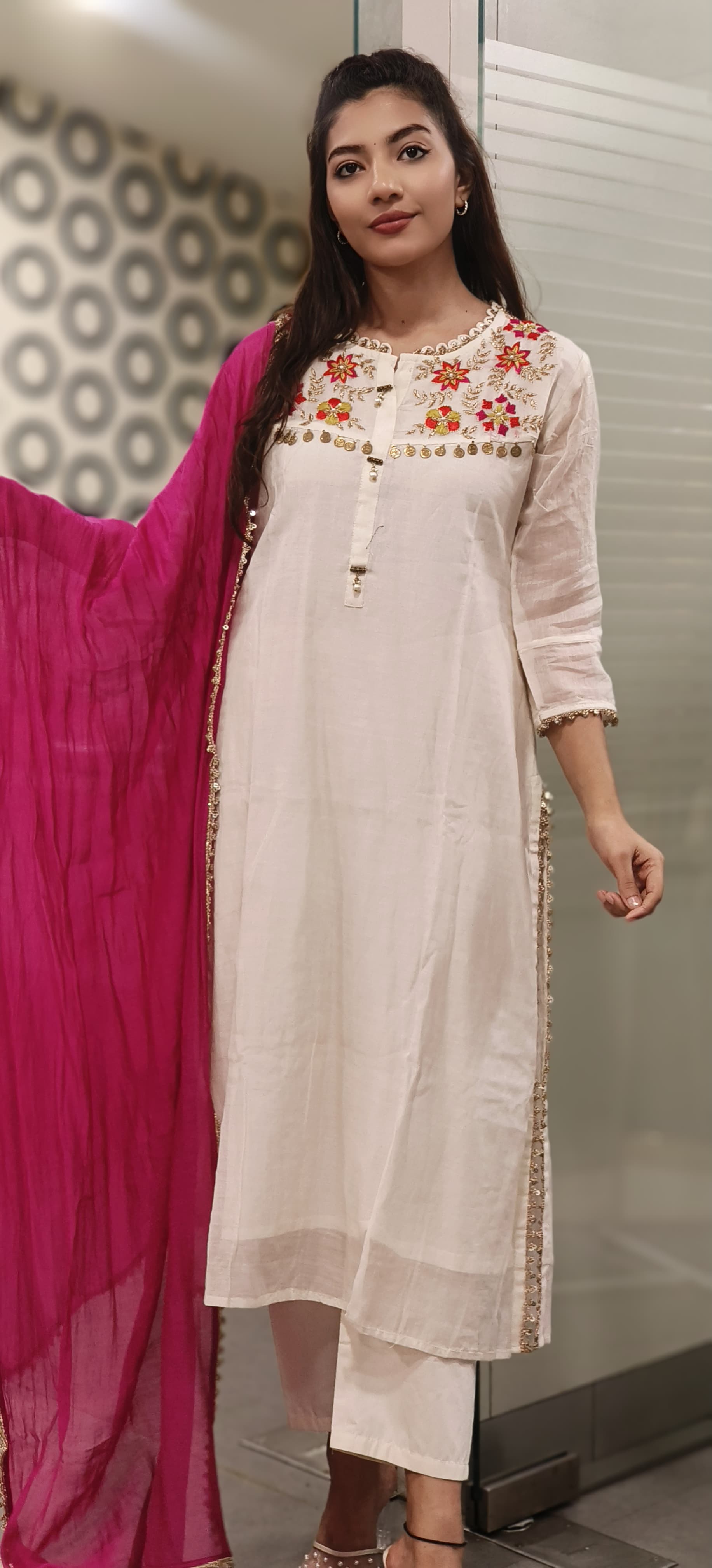 Beautiful Mul Chanderi Embroidered Full Suit Set