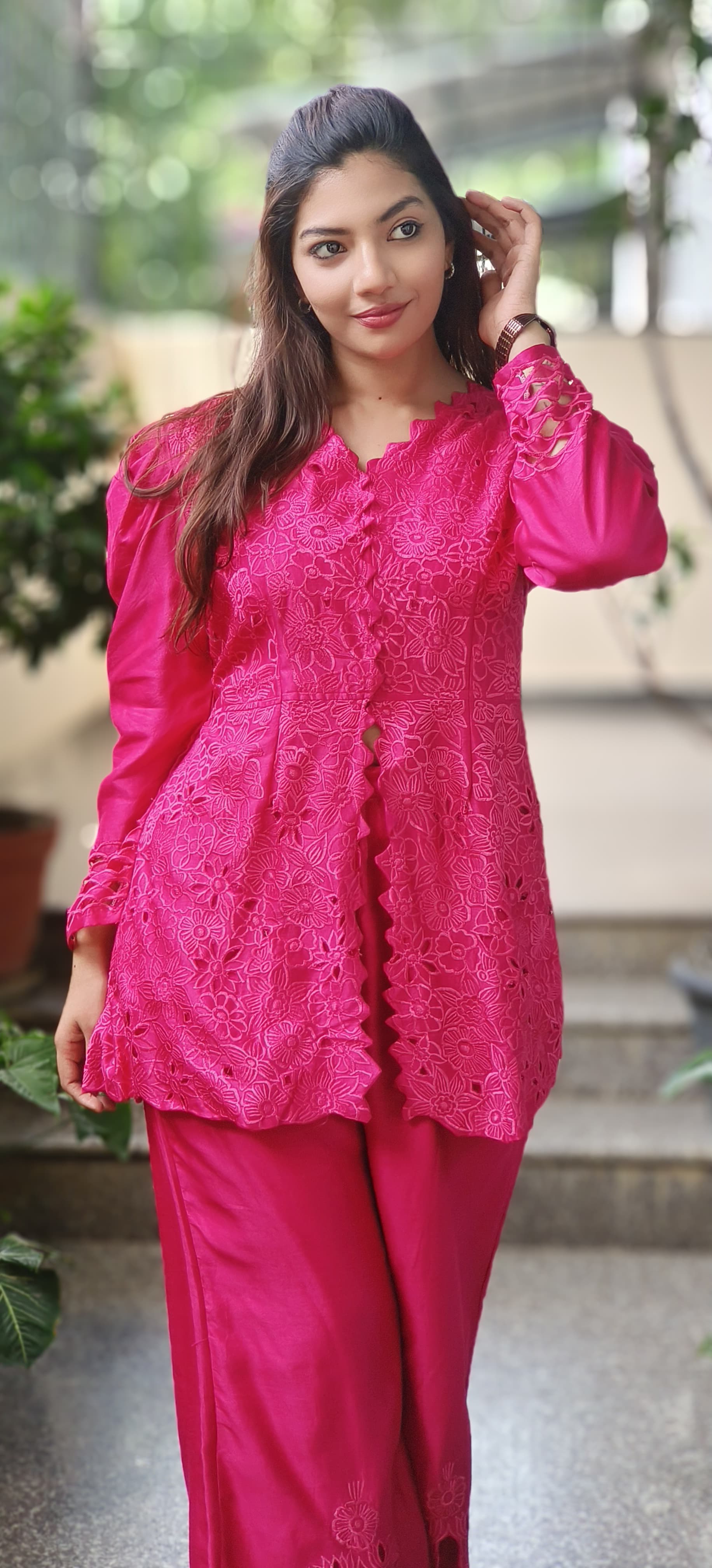 Floral Ressam Thread Embroidered Cutwork Puff Sleeve Kurta Pant Set In Pure Chanderi Fabric- 10265, 10266, 10267