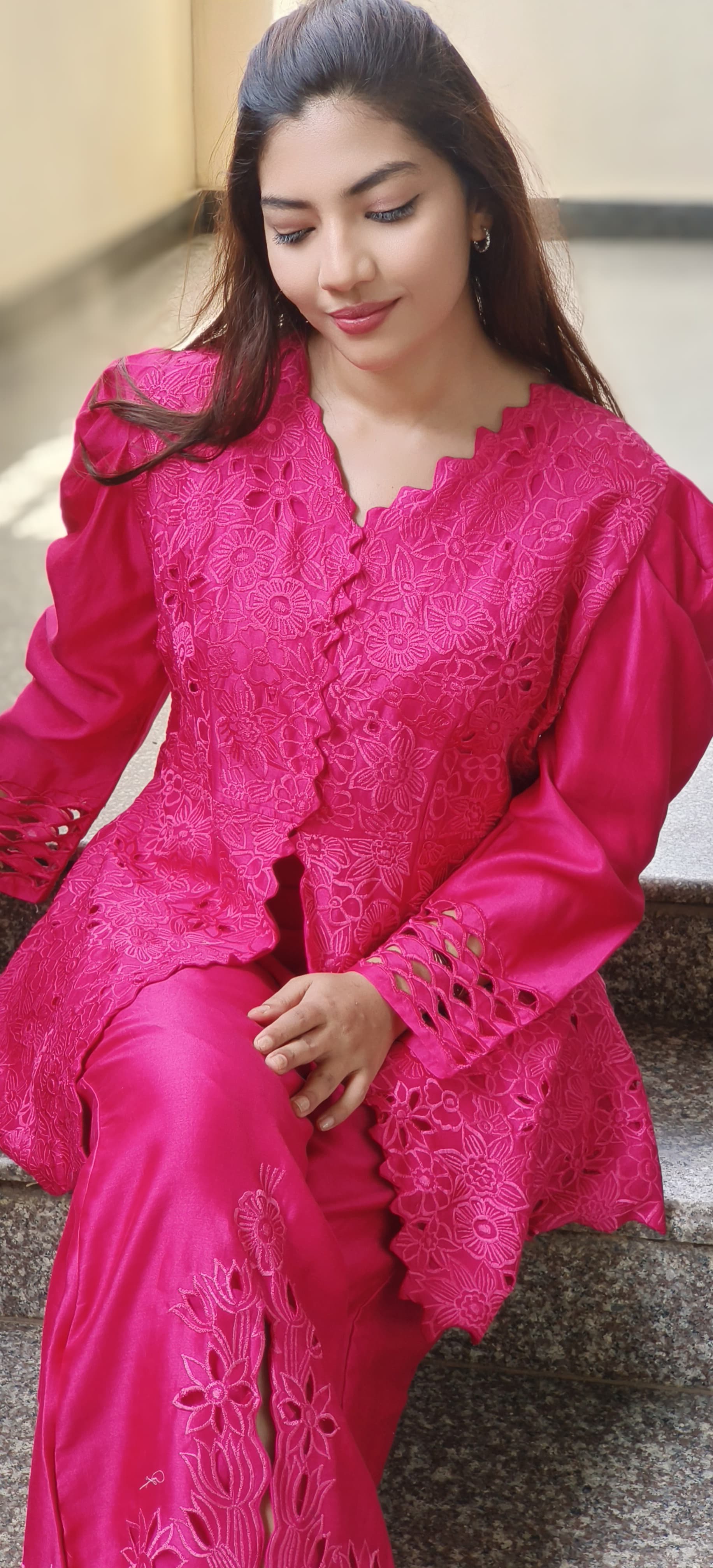 Floral Ressam Thread Embroidered Cutwork Puff Sleeve Kurta Pant Set In Pure Chanderi Fabric- 10265, 10266, 10267