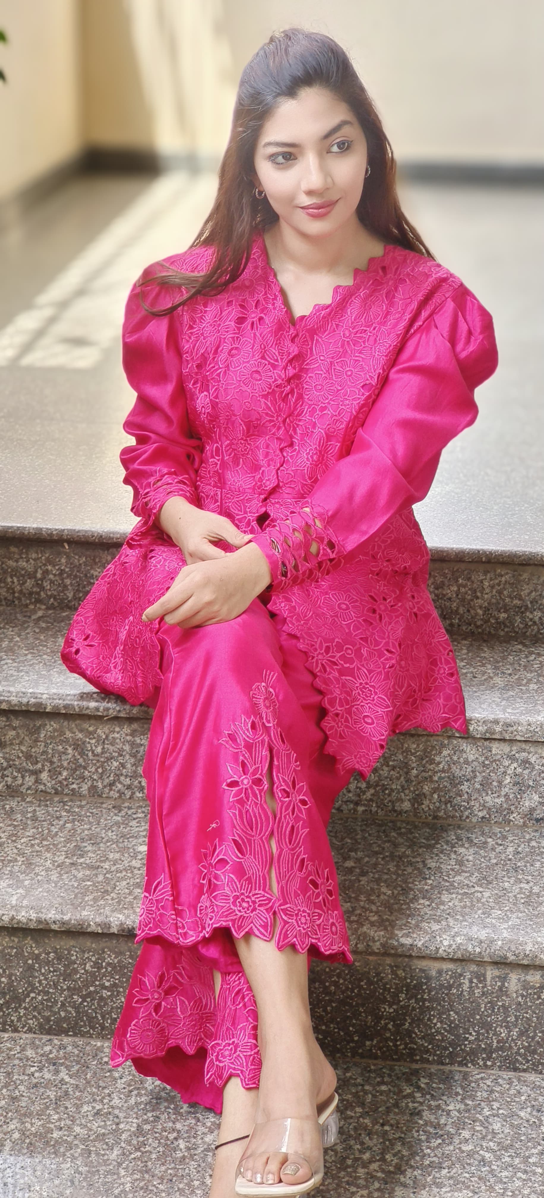 Floral Ressam Thread Embroidered Cutwork Puff Sleeve Kurta Pant Set In Pure Chanderi Fabric- 10265, 10266, 10267