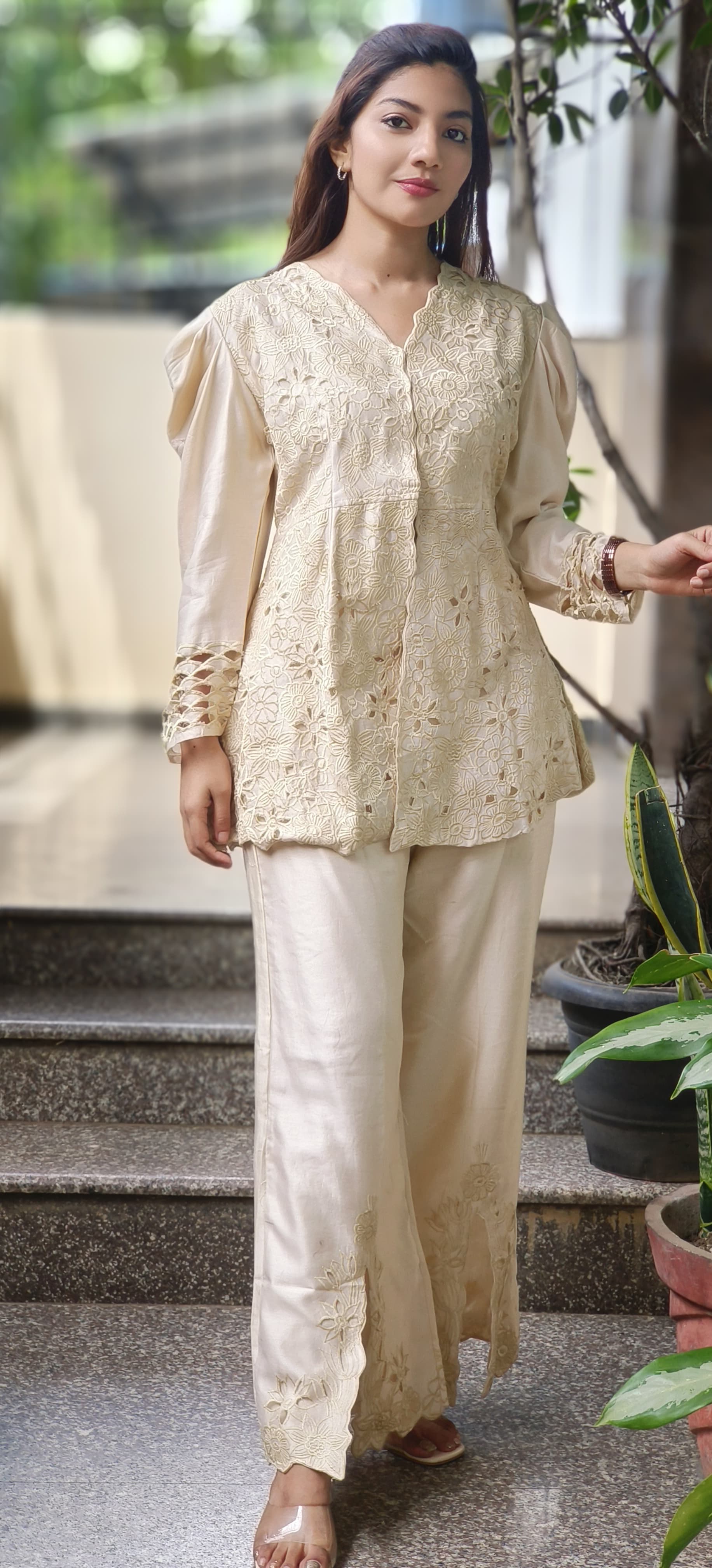 Floral Ressam Thread Embroidered Cutwork Puff Sleeve Kurta Pant Set In Pure Chanderi Fabric- 10265, 10266, 10267