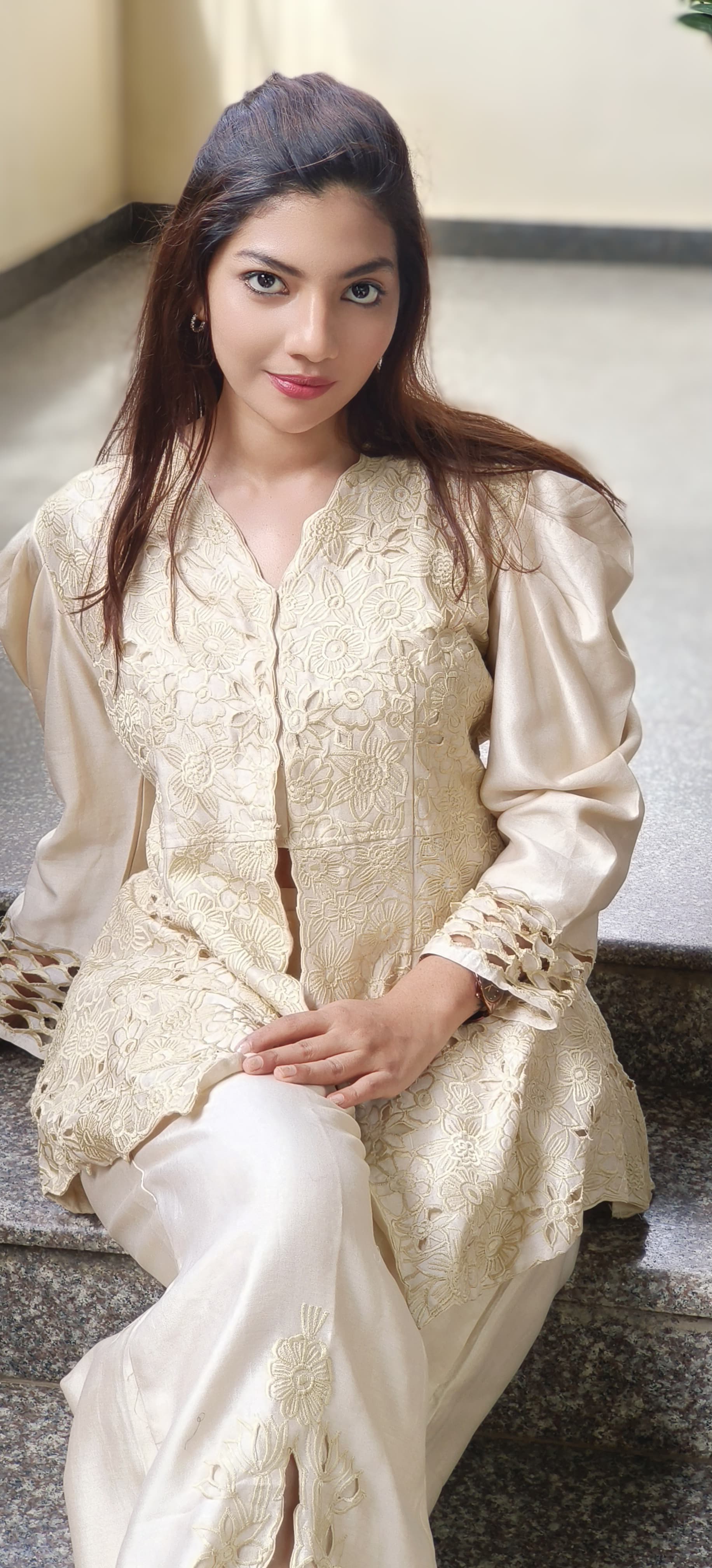 Floral Ressam Thread Embroidered Cutwork Puff Sleeve Kurta Pant Set In Pure Chanderi Fabric- 10265, 10266, 10267