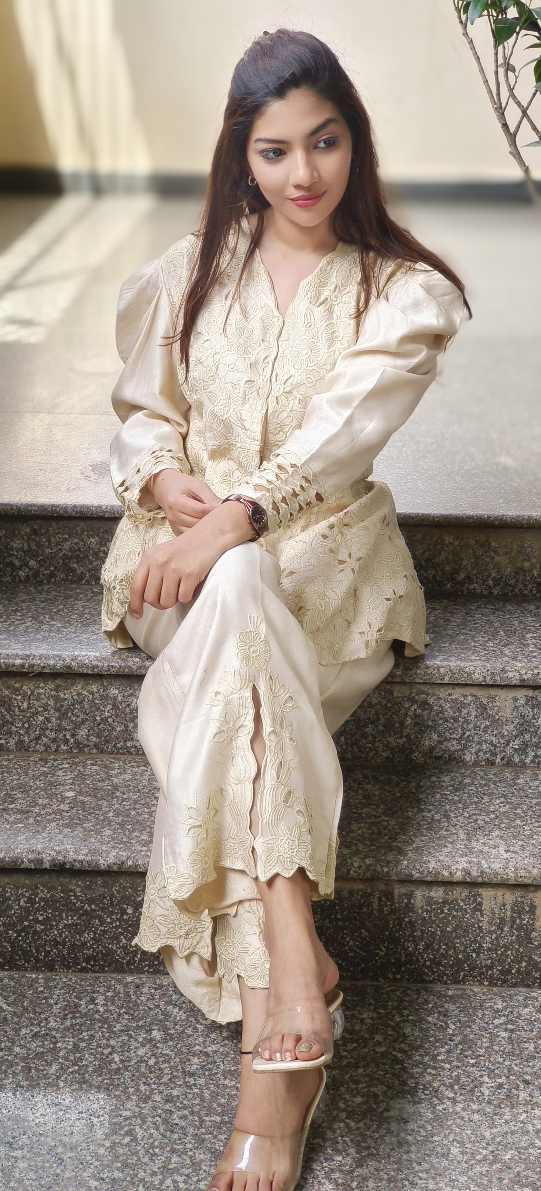 Floral Ressam Thread Embroidered Cutwork Puff Sleeve Kurta Pant Set In Pure Chanderi Fabric- 10265, 10266, 10267