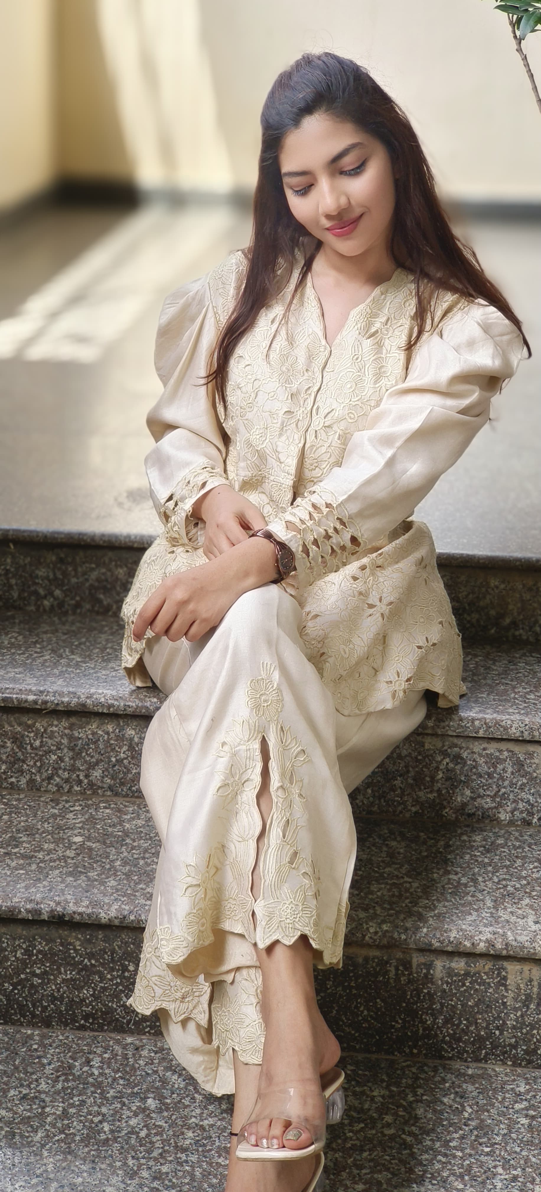 Floral Ressam Thread Embroidered Cutwork Puff Sleeve Kurta Pant Set In Pure Chanderi Fabric- 10265, 10266, 10267