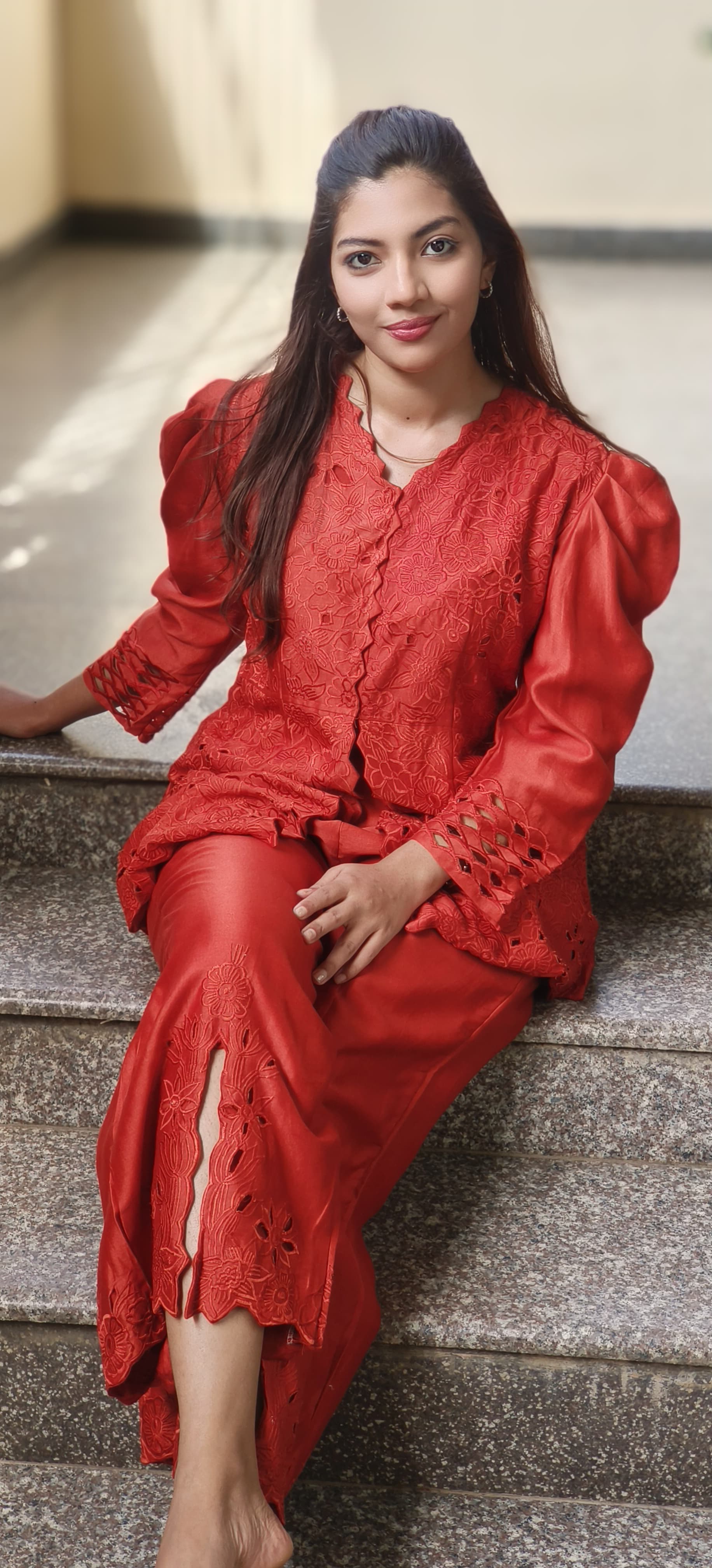 Floral Ressam Thread Embroidered Cutwork Puff Sleeve Kurta Pant Set In Pure Chanderi Fabric- 10265, 10266, 10267