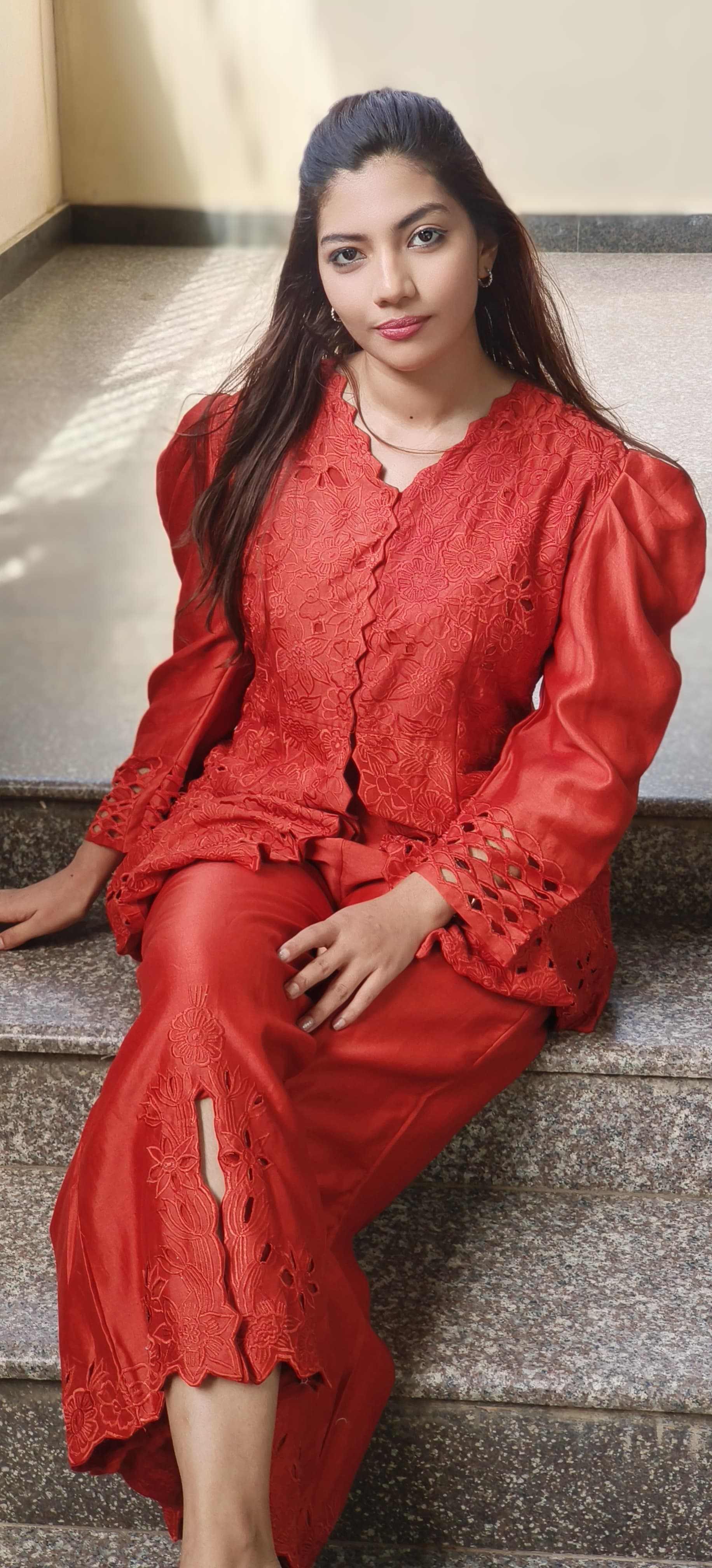 Floral Ressam Thread Embroidered Cutwork Puff Sleeve Kurta Pant Set In Pure Chanderi Fabric- 10265, 10266, 10267