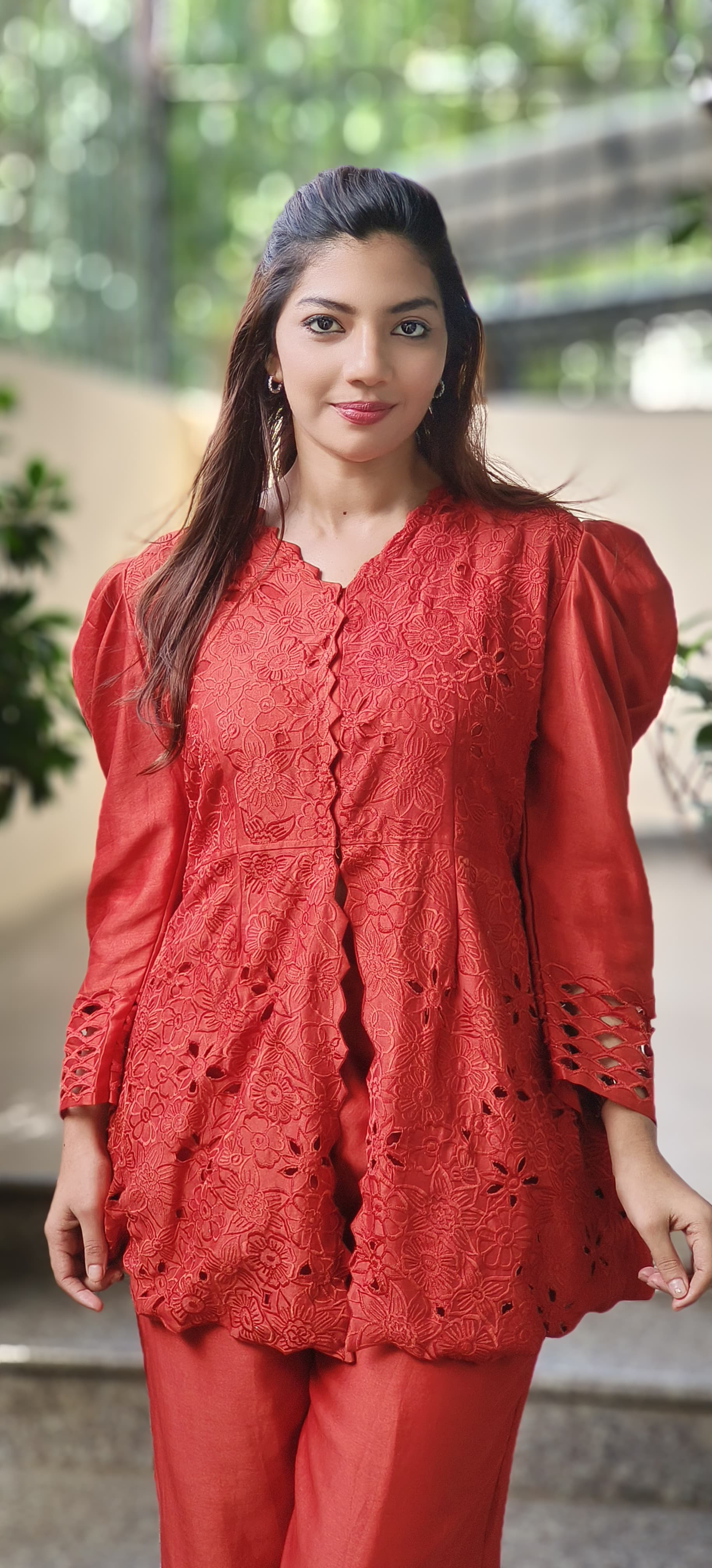 Floral Ressam Thread Embroidered Cutwork Puff Sleeve Kurta Pant Set In Pure Chanderi Fabric- 10265, 10266, 10267