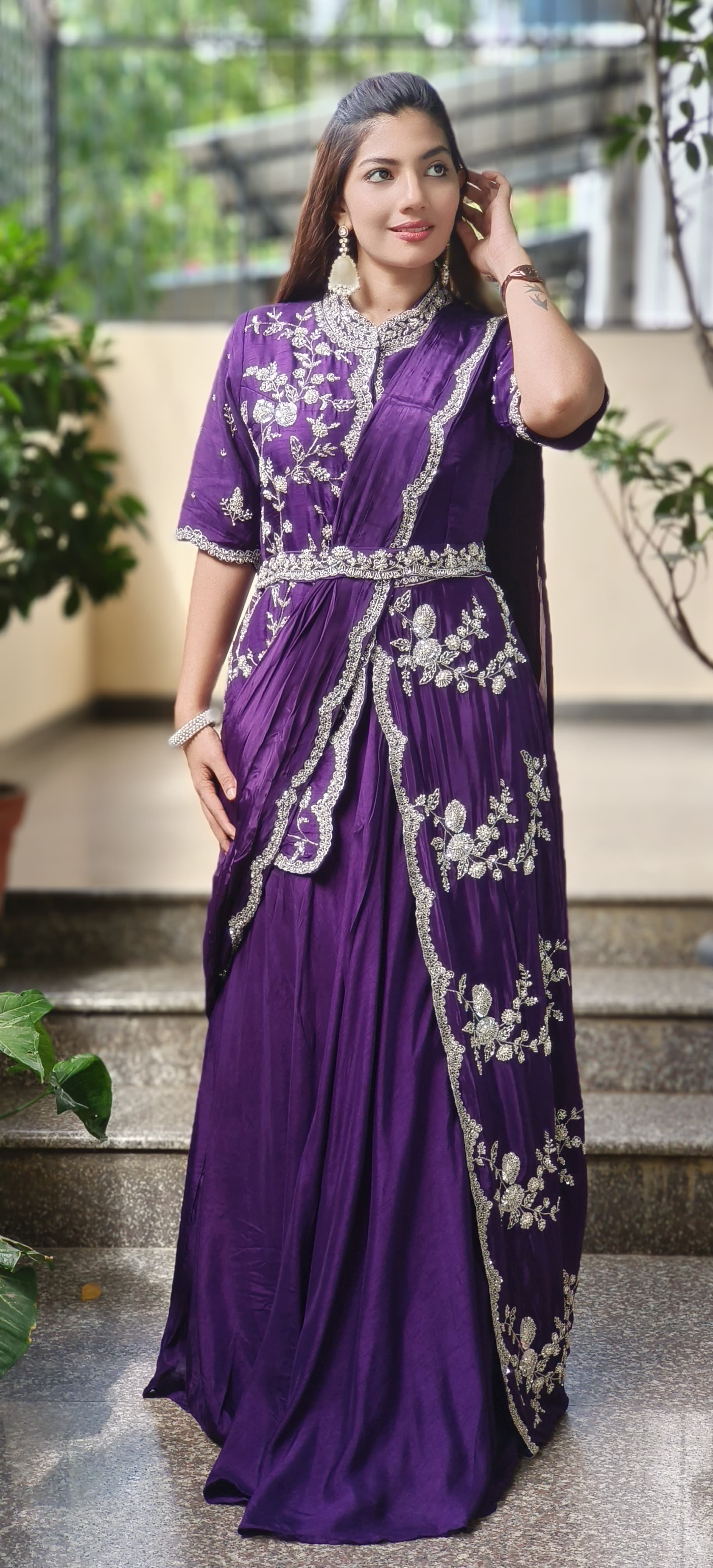 Heavy Handwork Party Wear Draped Crepe Gown With Attached Silk Jacket & Belt