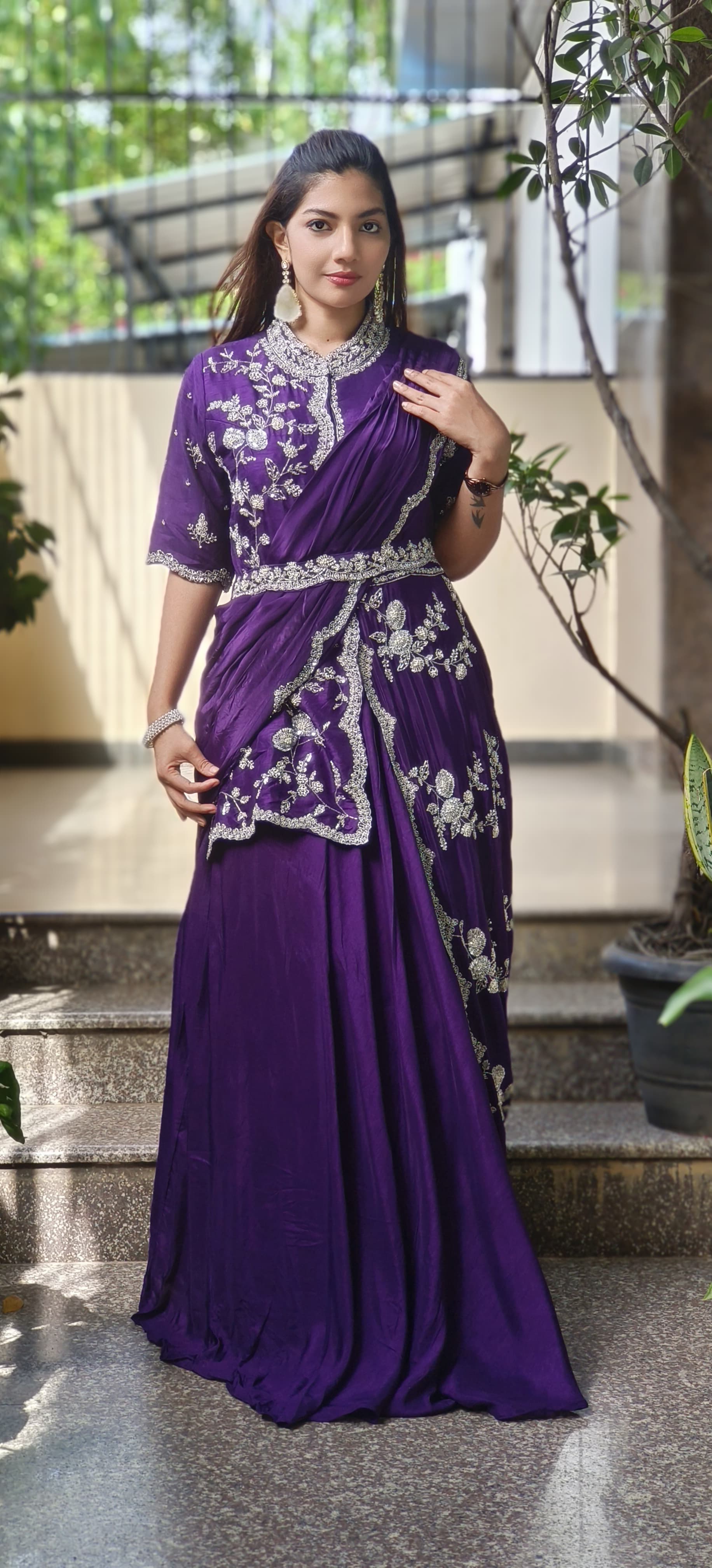 Heavy Handwork Party Wear Draped Crepe Gown With Attached Silk Jacket & Belt