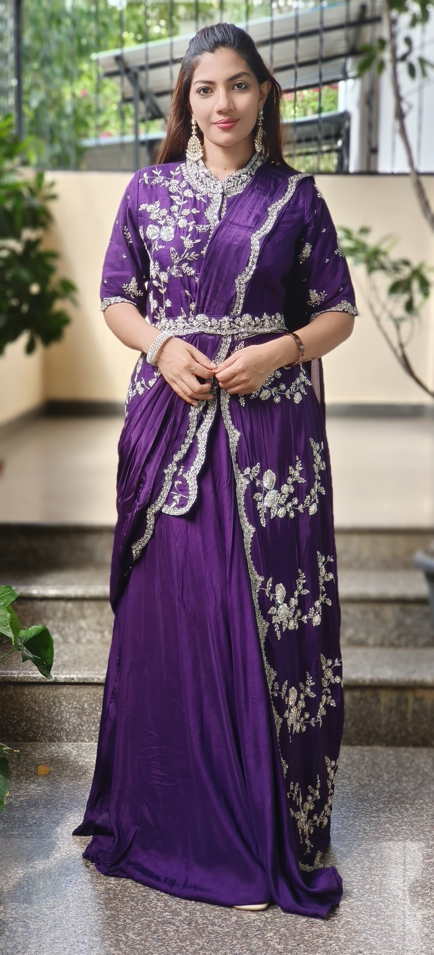 Heavy Handwork Party Wear Draped Crepe Gown With Attached Silk Jacket & Belt