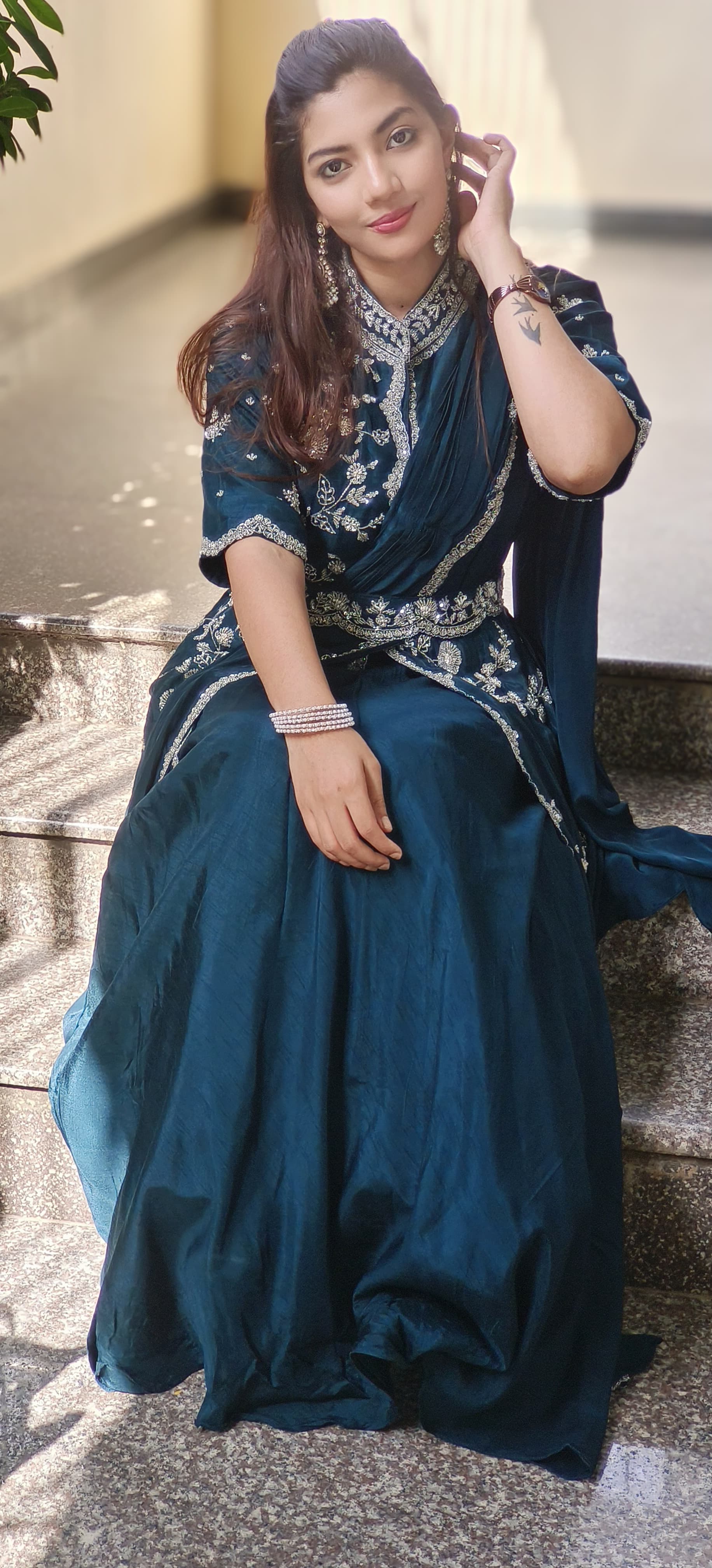 Heavy Handwork Party Wear Draped Crepe Gown With Attached Silk Jacket & Belt